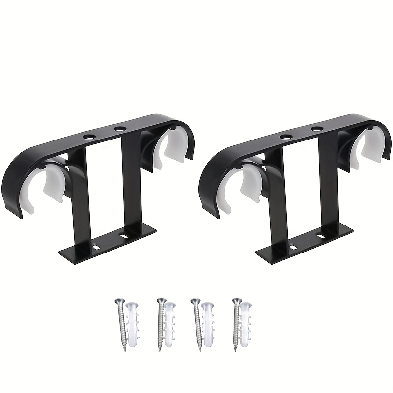 TEMU 2pcs Black Aluminum Alloy Double Curtain Rod Holders - Wall & Ceiling Mount Drapery Brackets With Dual Hook Design For Home And Office Use,