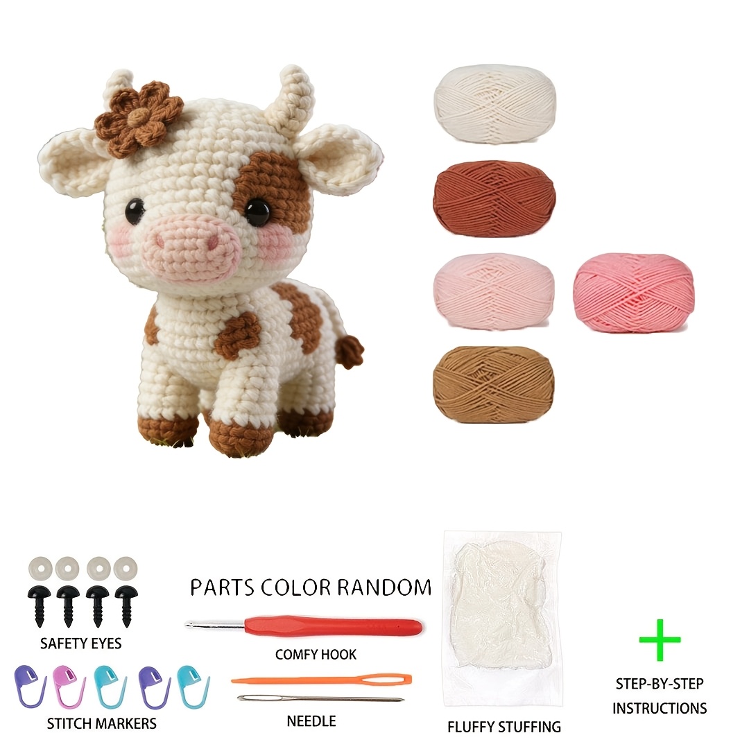 Image of 1pc Cute Cow Crochet Kit | Suitable For Beginner And Enthusiasts | Crochet Amigurumi Kit | Adult Easy Craft Gift | Includes English Easy Tutorial, Yarn