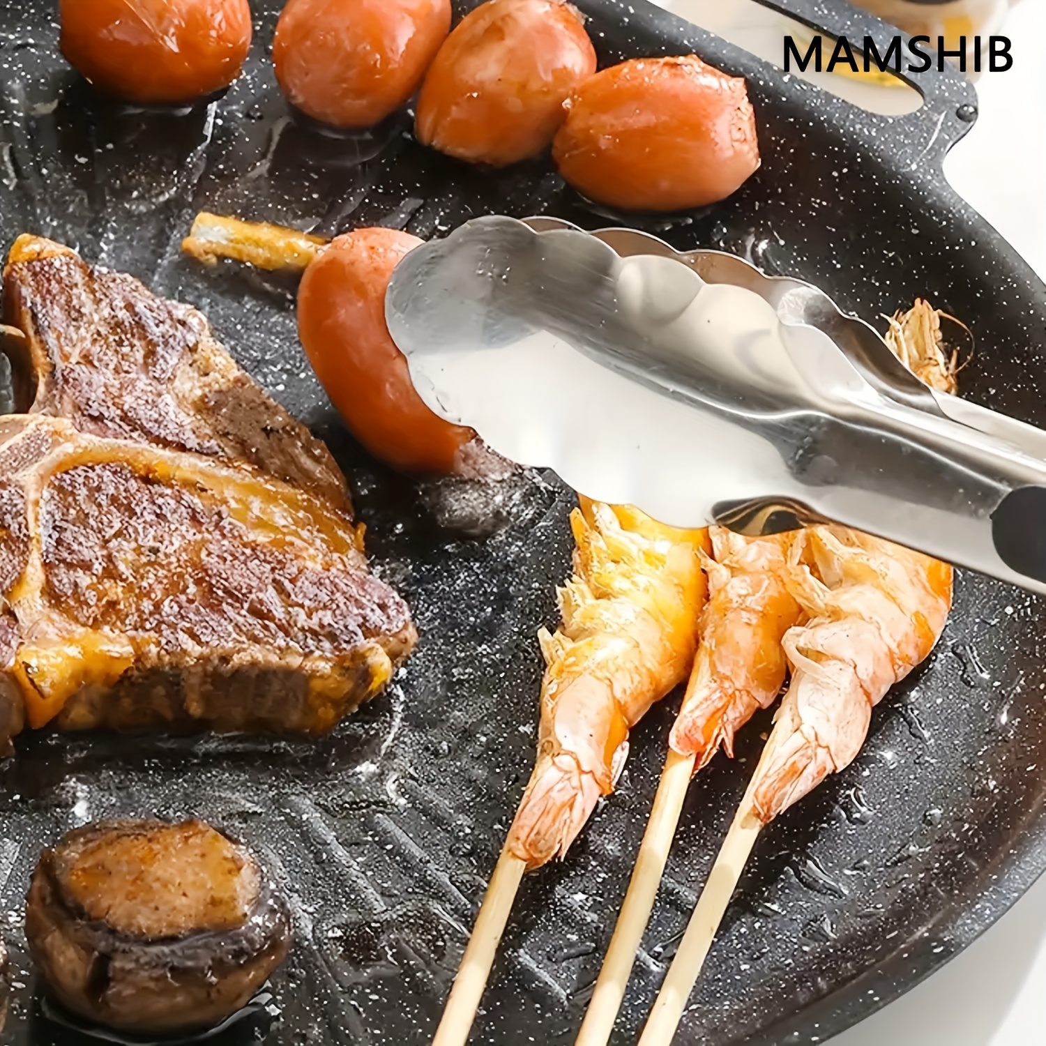 MAMSHIB Non-Stick BBQ Grill Pan - Iron Roast Steak & Vegetable Skillet with Multi-Functional Ridged Surface Design, Perfect for Grilling Shrimp, Chicken, Seafood, and Meat, Ideal for Indoor & Outdoor Cooking, Versatile Cooking Pan | Modern Kitchenware | Durable Cooking Surface, BBQ Grill Accessories