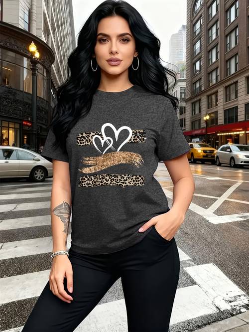 leopard print heart glitter themed pattern print fashionable breathable t shirt for family travel casual commutes matching outfits for sisters versatile t shirt 30057