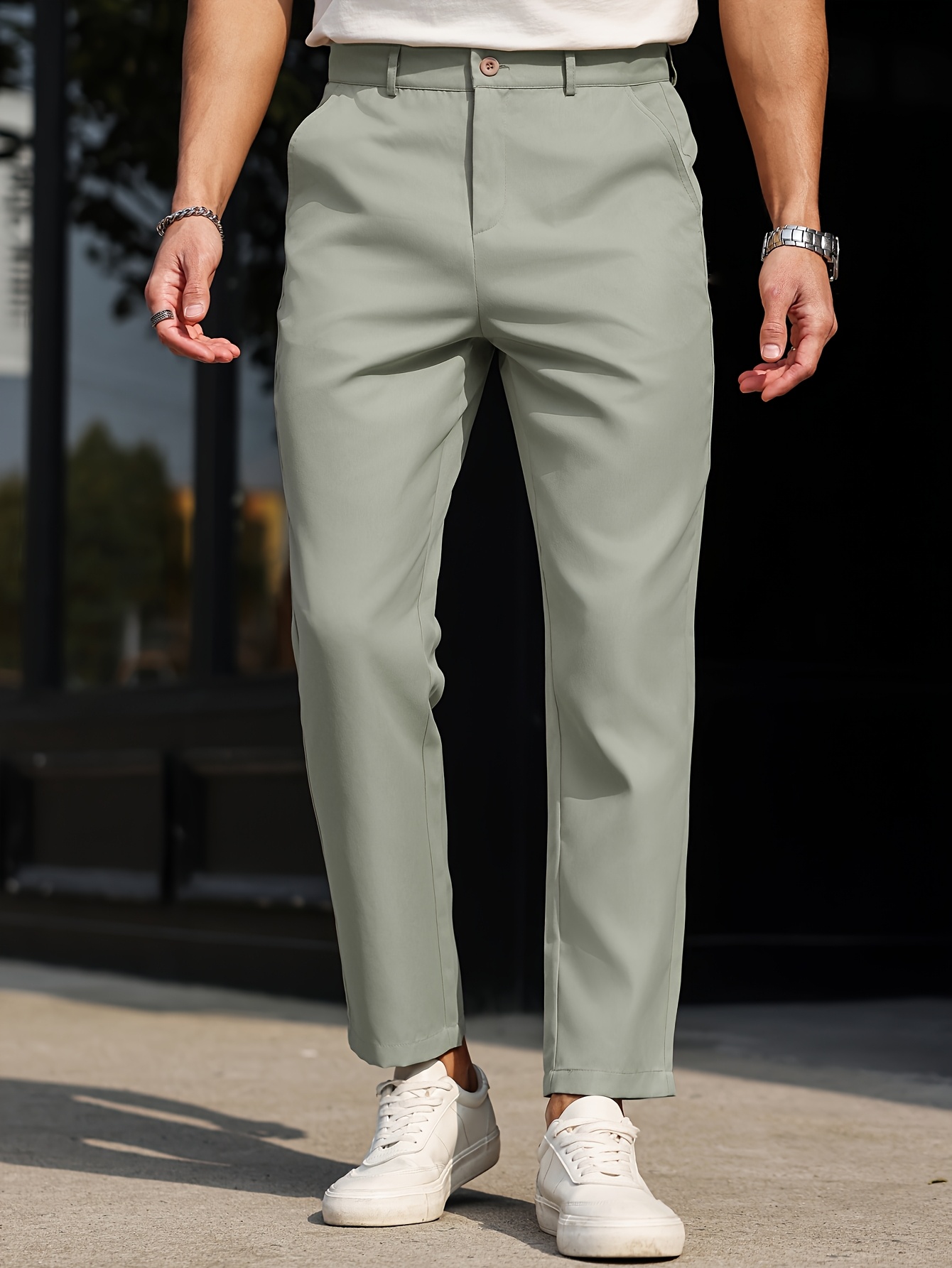 Men's Slim-Fit Casual Dress Pants - Solid Beige, Machine Washable, Straight Leg Design with Side Pockets, Perfect for Business or Leisure Outings, Allseason Trousers | Straight Leg Pants | Internal Zipper Closure