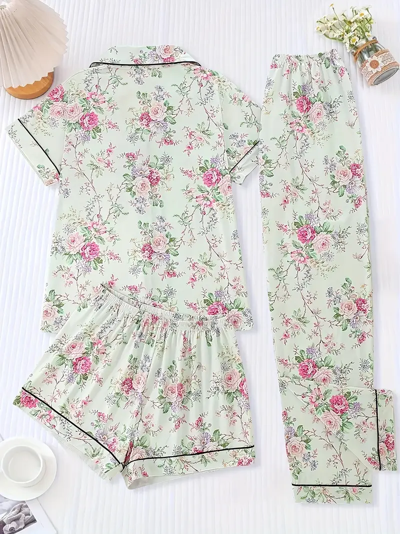 a floral pajama set featuring a short sleeve button up top elastic waist shorts and long pants suitable for year round wear casual womens sleepwear in Product details 1