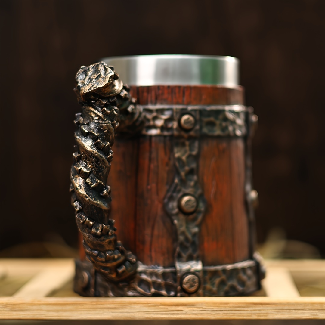 vintage 600ml large capacity barrel stainless steel coffee mug handcrafted wood like   with striped pattern insulated reusable metal beer   for home use ideal for christmas halloween easter thanksgiving fathers day gifts details 3