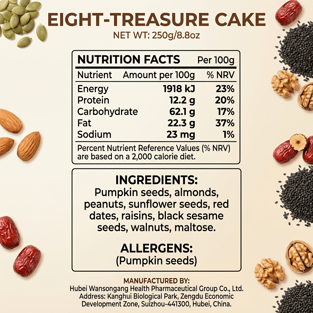 Premium Eight-Treasure Mixed Nut & Seed Bar (8.8oz/250g) - Crunchy Fruit & Nut Cake With Almonds, Walnuts, Red Dates & Blackcurrants - Perfect Gift For Office, School & Movie Nights