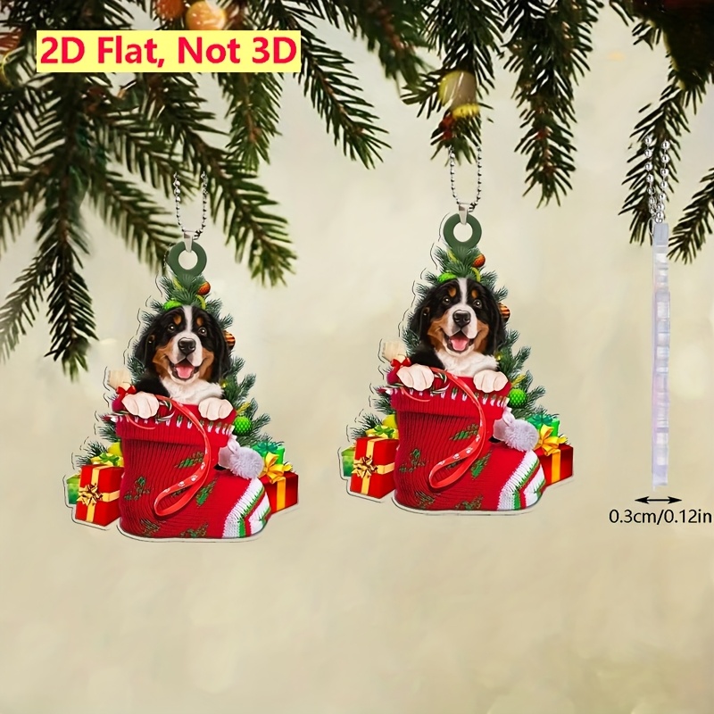 TEMU 2d Flat, 2pcs Bernese Christmas Theme Acrylic Hanging Decorations, Festive Pet Theme Hanging Ornaments, For Car Rearview Mirror Decor, Keychains