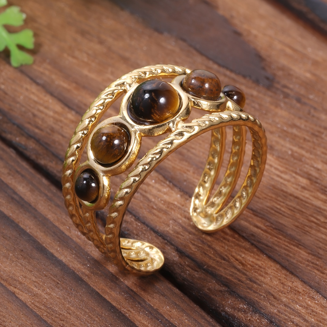 TEMU 18k Golden Plated Stainless Ring - Vintage Boho Adjustable Open Cuff Band Stone Inlay For Elegant , Party, Gift-giving | All Campus Holiday Jewelry