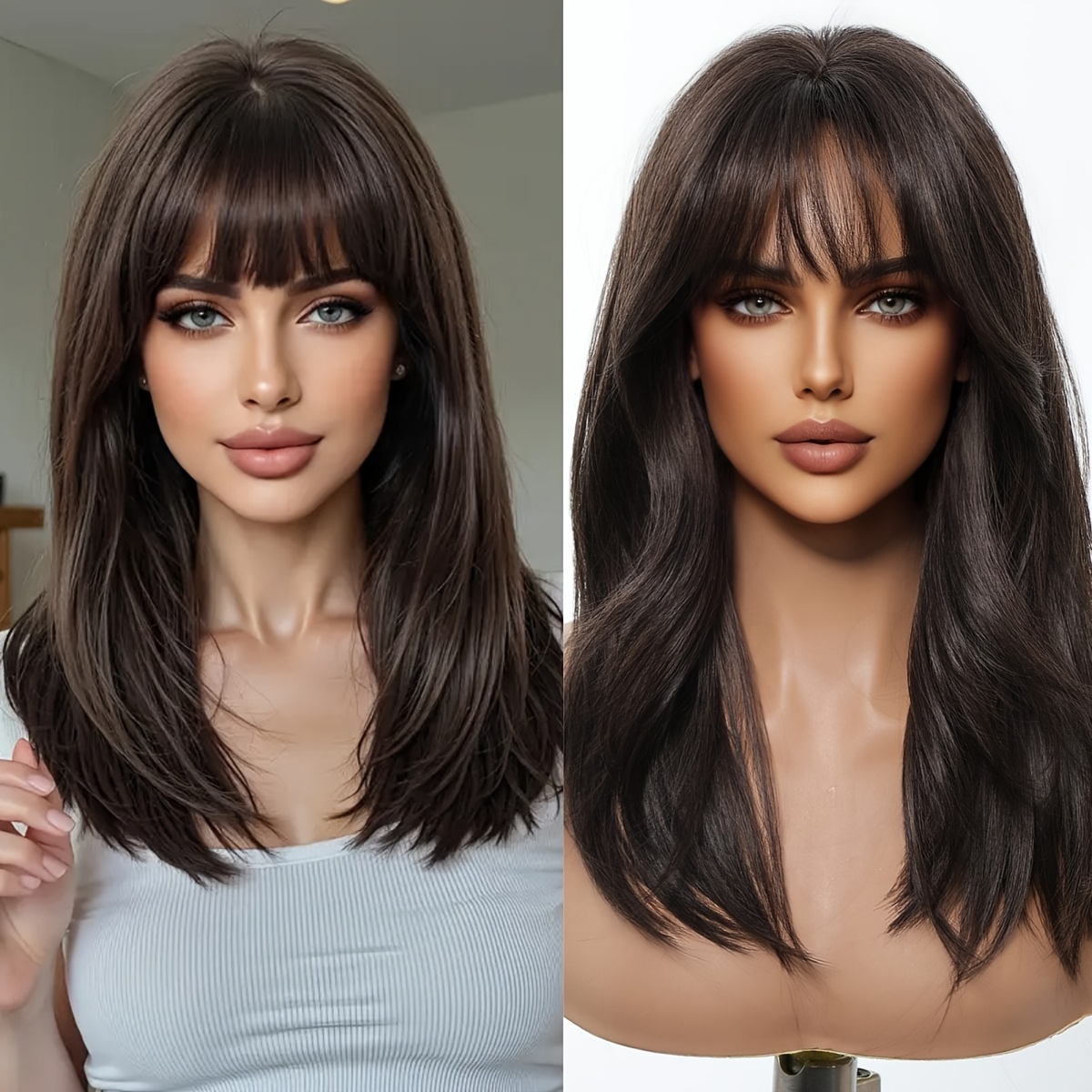 18 Inch Long Brown Wigs With Bangs Synthetic Wigs For Women For Ordinary Work, Life, Dance Parties And Use