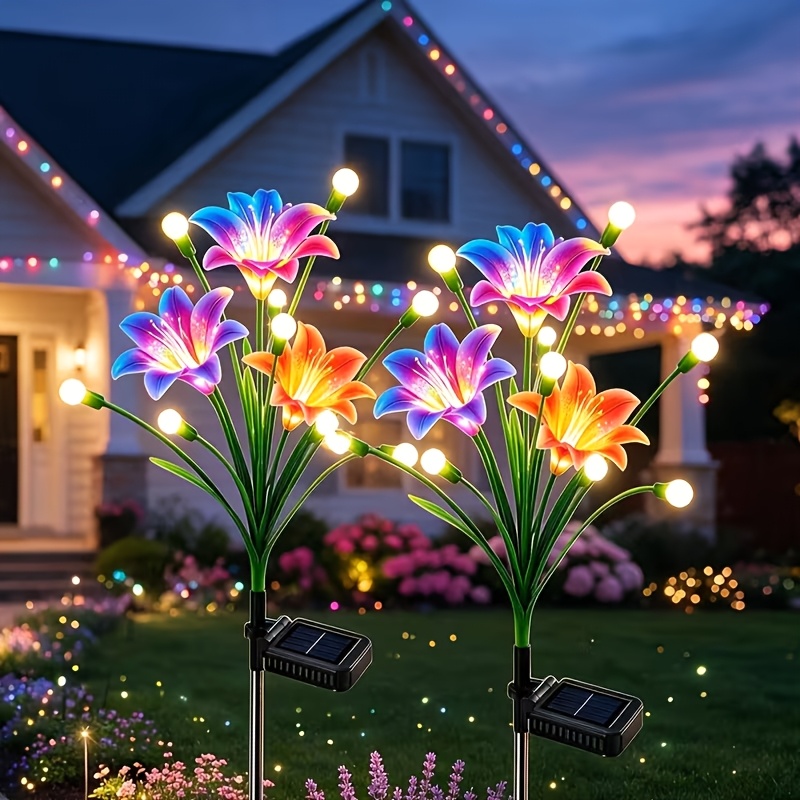 TEMU Outdoor Solar Lights, 2/4/8 Pack Solar Garden Light With 16 Bigger "7 Color Changing" Lily Flowers And 12 Led Glowing Orbs, Ipx5 Solar Lights