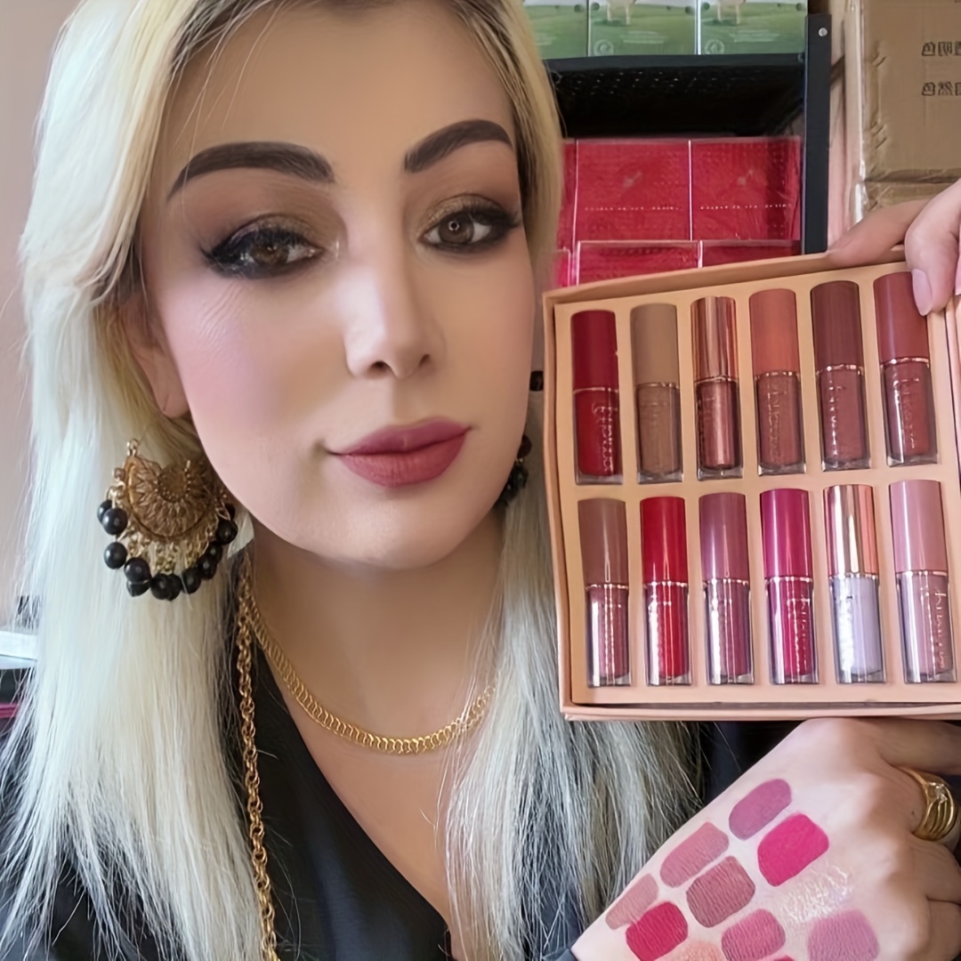 12pcs Velvet Matte Liquid Lipstick Set, Waterproof Long Lasting Quick-drying Non-Stick Cup Nude Lip Stain Kit, Up to 24H Wear, Lip Makeup Gift Kit for Women