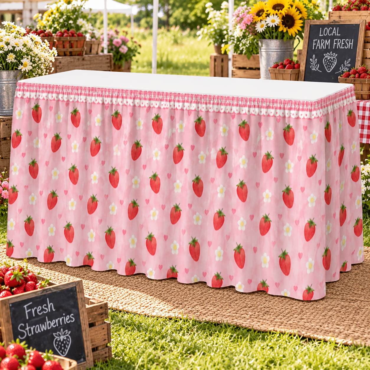 item picture 1pc party tablecloth table skirt pink strawberry heart floral print table skirting reusable durable decor for outdoor party wedding bridal shower and buffet table