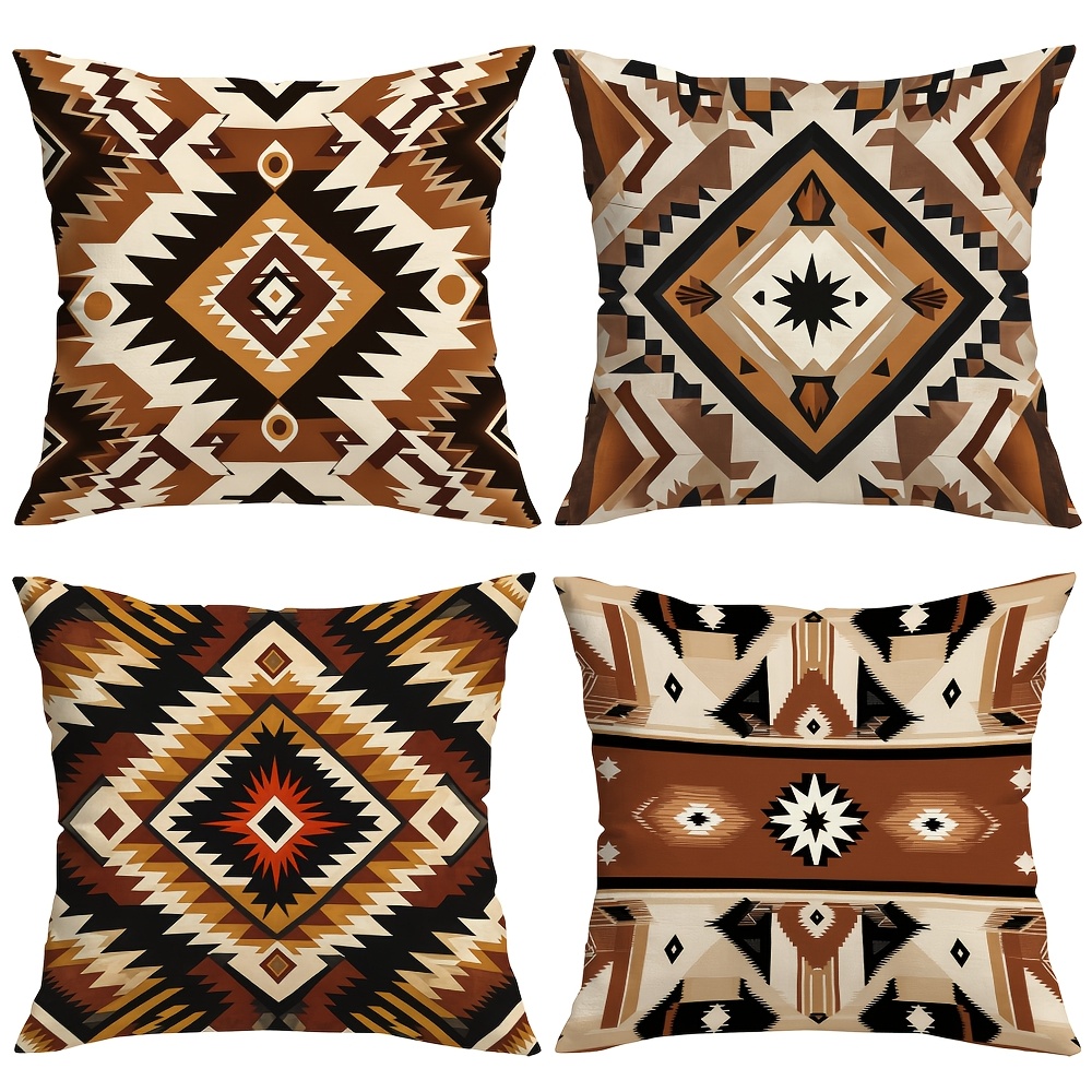 TEMU 4pcs Geometric Pattern Pillowcase Set, Featuring Geometric Elements Such As Rhombuses, Triangles, And Patterns. The Color Palette Includes Warm