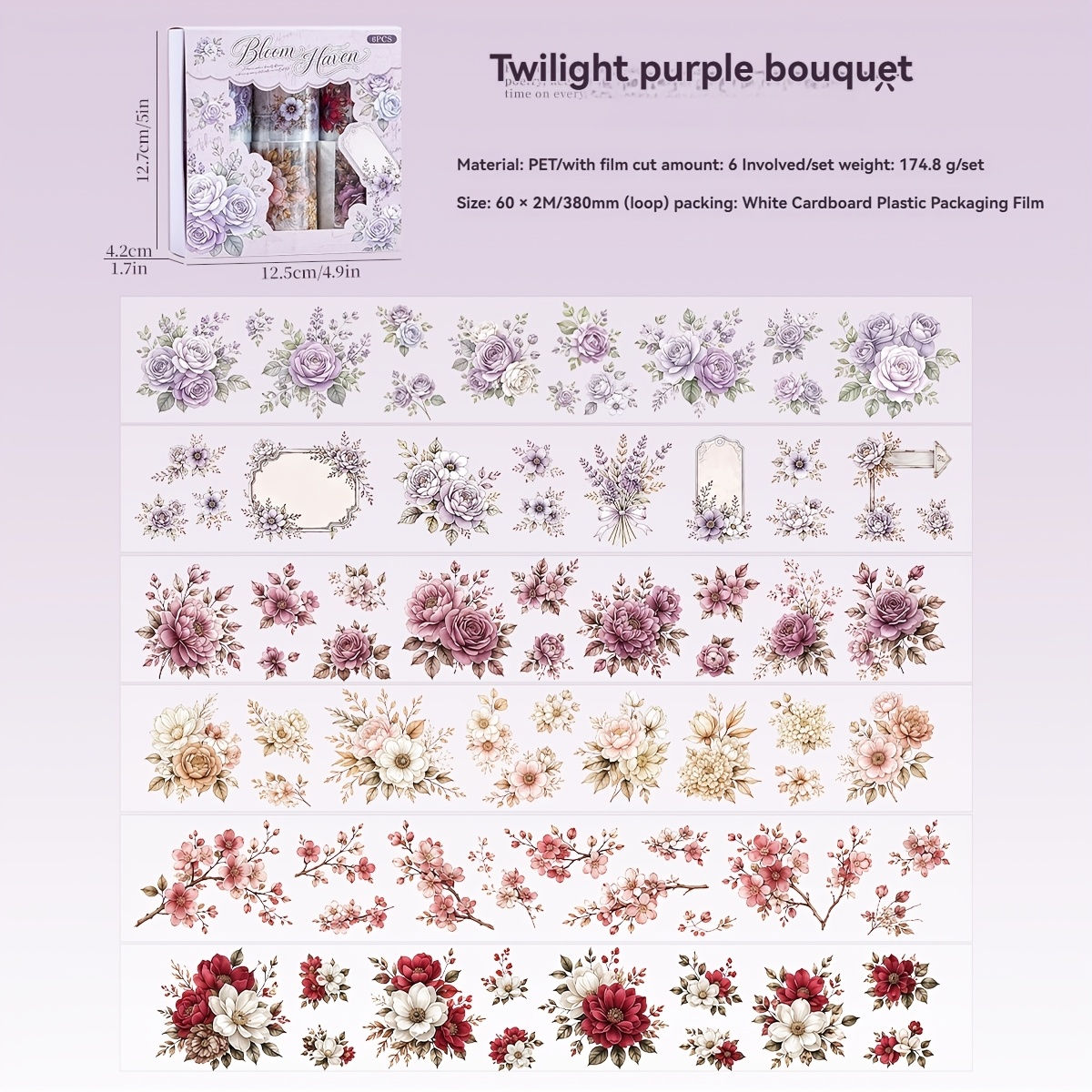 TEMU Box Of 6 Rolls Pet Floral Theme Tapes, High Aesthetic Retro Flower Die-cut Decorative Tapes, Suitable For , Scrapbooks, Craft Decoration,