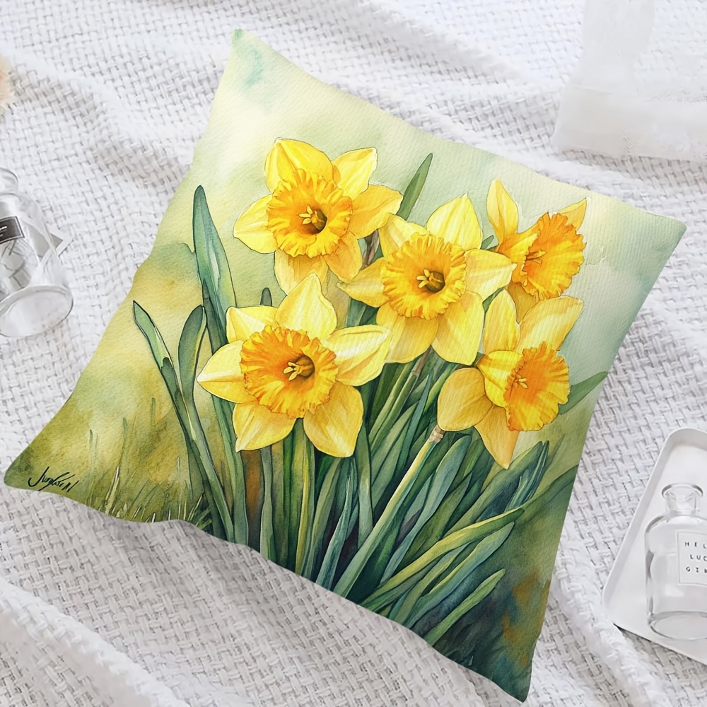 TEMU 1pc Vintage Style Yellow Watercolor Printed Pillow Cover, 18x18 Inches, Machine Washable, Polyester 100%, Double-sided Short Plush, Zipper