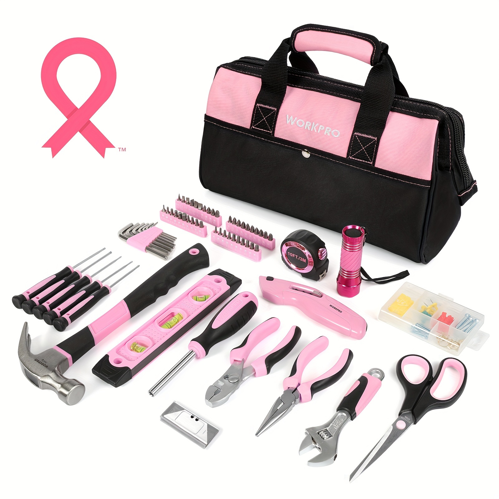 

Workpro Pink Tool Kit, 263-piece Home Repairing Tool Set With Wide Mouth Open Storage Bag, Household Tool Kit -