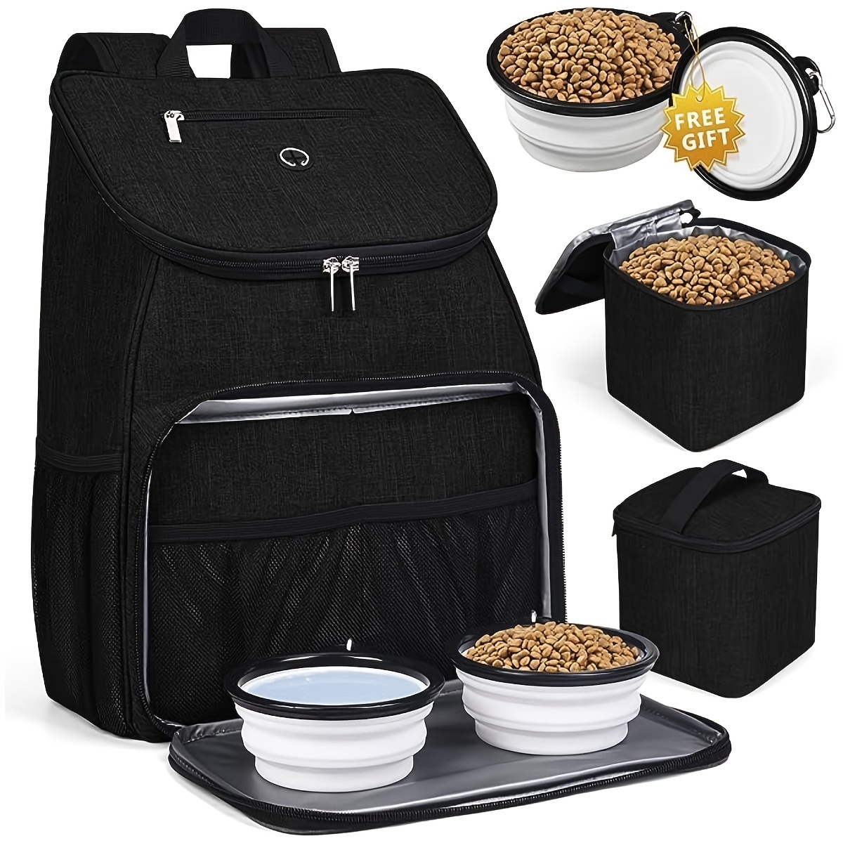 

1 Set Pet Travel Bag Dog Cat Backpack, Dog Travel Backpack Accessories Set With 2 Silicone Collapsible Bowls And 2 Food Baskets, Pet Shoulder Bag