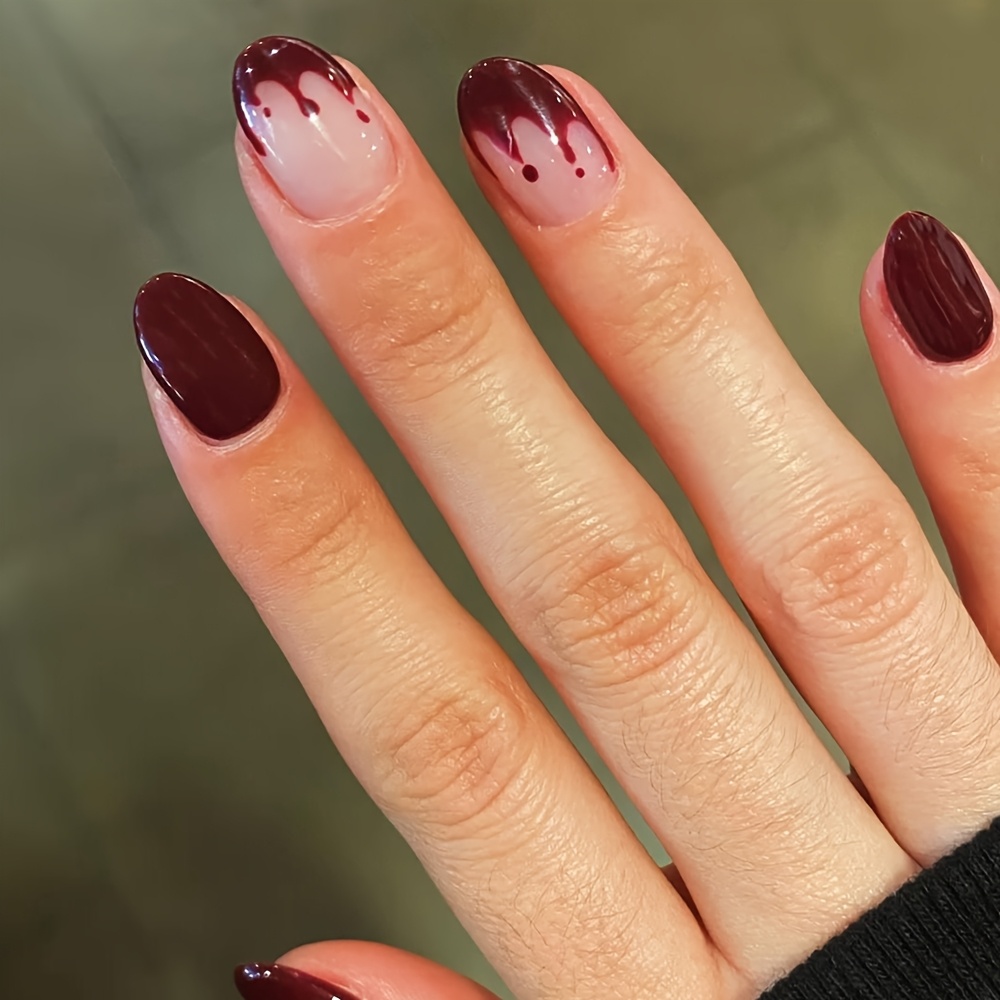 TEMU 24pcs Press-on Nails Short Oval Shape, Wine Red Fake Nail Tips, Blood Pattern, Nude Base , Reusable For Women Holiday Wear