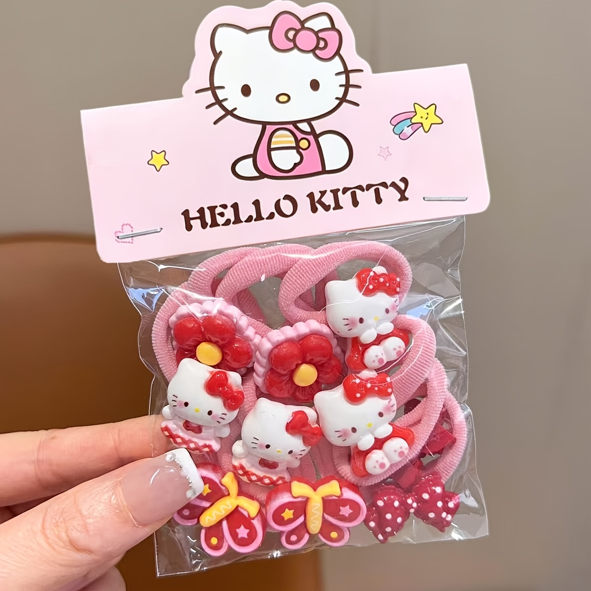 E-shop 10 Stück Hello Kitty Haargummis und Scrunchies mit 3D Hello Kitty Design, , um ein Hauch von Süße in alltägliche Frisuren wie Pferdeschwänze und