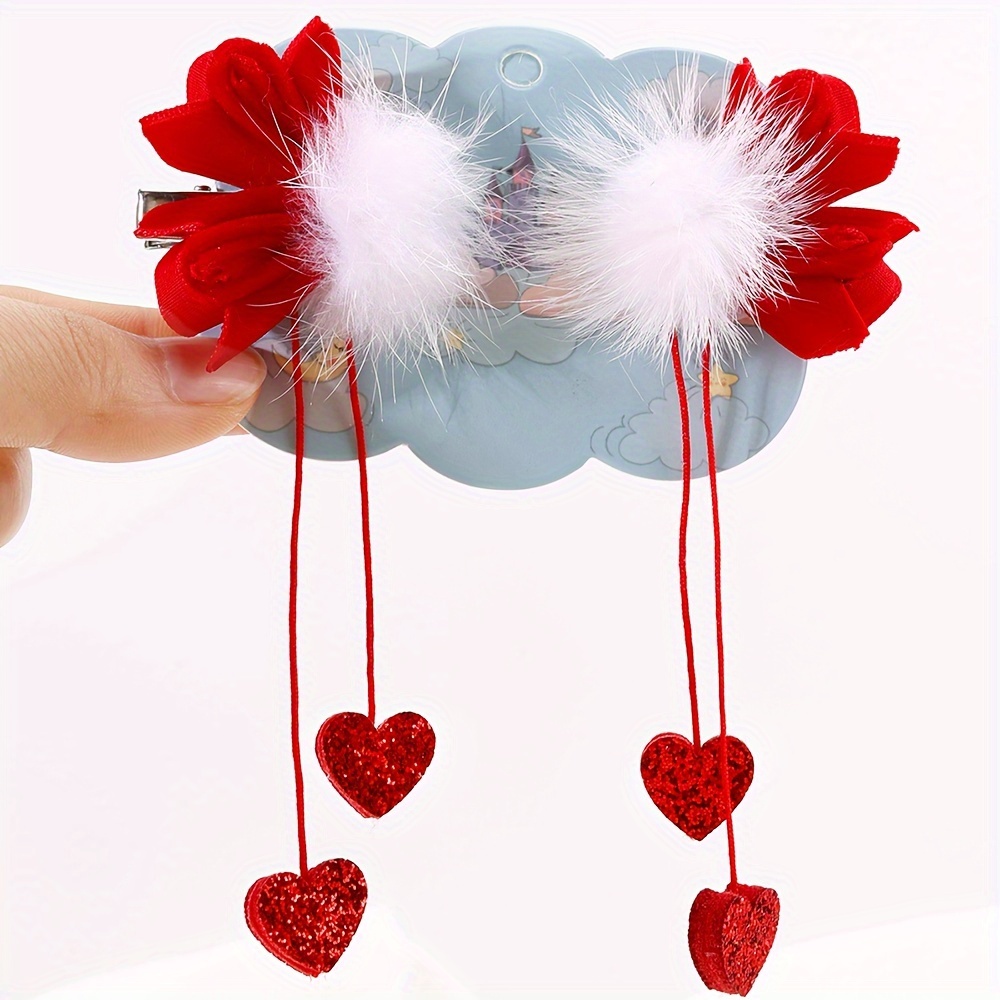 

2pcs Cute Tassel Hair Clips For Girls - Sparkly Love Heart Tassel Hairpins With White Pompoms - Red Girl Hair Accessories For Day Gift - Valentine's Day, Father's Day, Day, Party