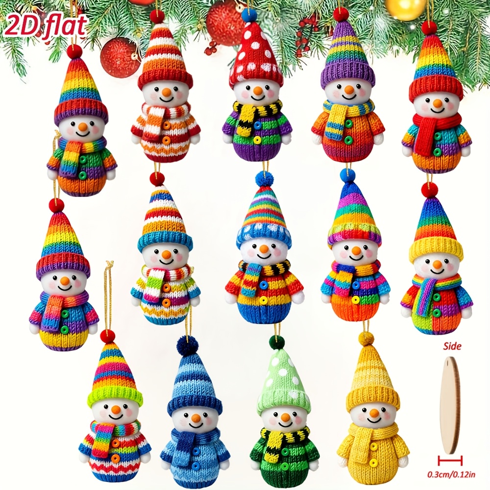 TEMU [2d Flat] 14pcs Colored Style Christmas Snowman Wooden Hanging Ornaments, Christmas Holiday Decor Set, Personalized 2d Flat Wooden Pendants,