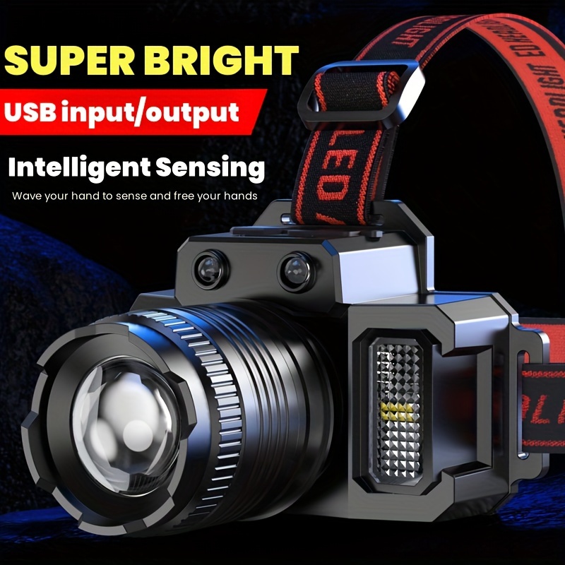

1pc Infrared-sensor Zoom Flashlight, Outdoor Waterproof Headlight, Night-fishing Marine Miner Lamp, With Cob Red-white Light, Usb Charging Led Highlight
