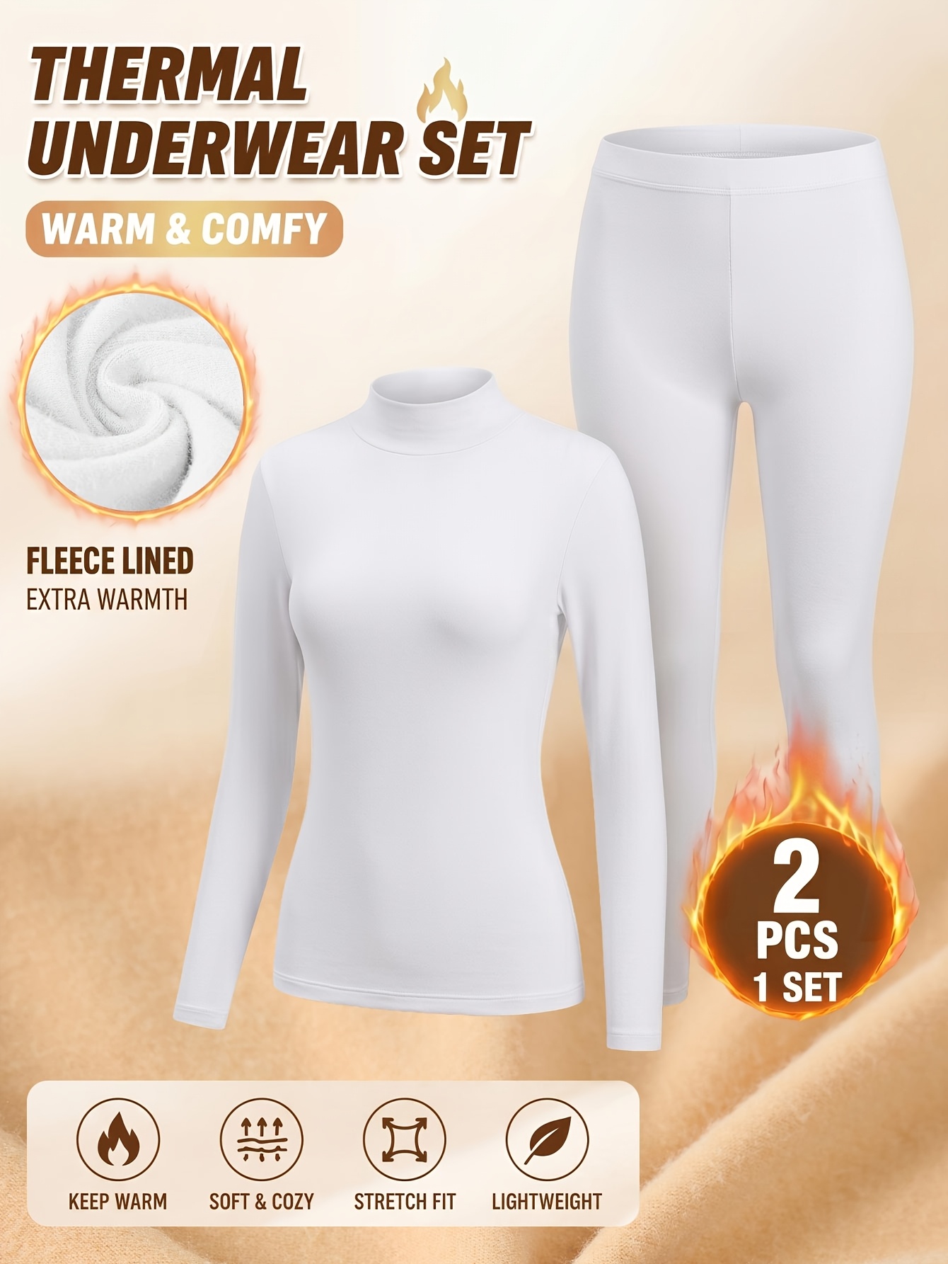 1set fleece lined thermal underwear set for women mock neck long sleeve top leggings stretchy soft lightweight warm base layer outfit for cold weather