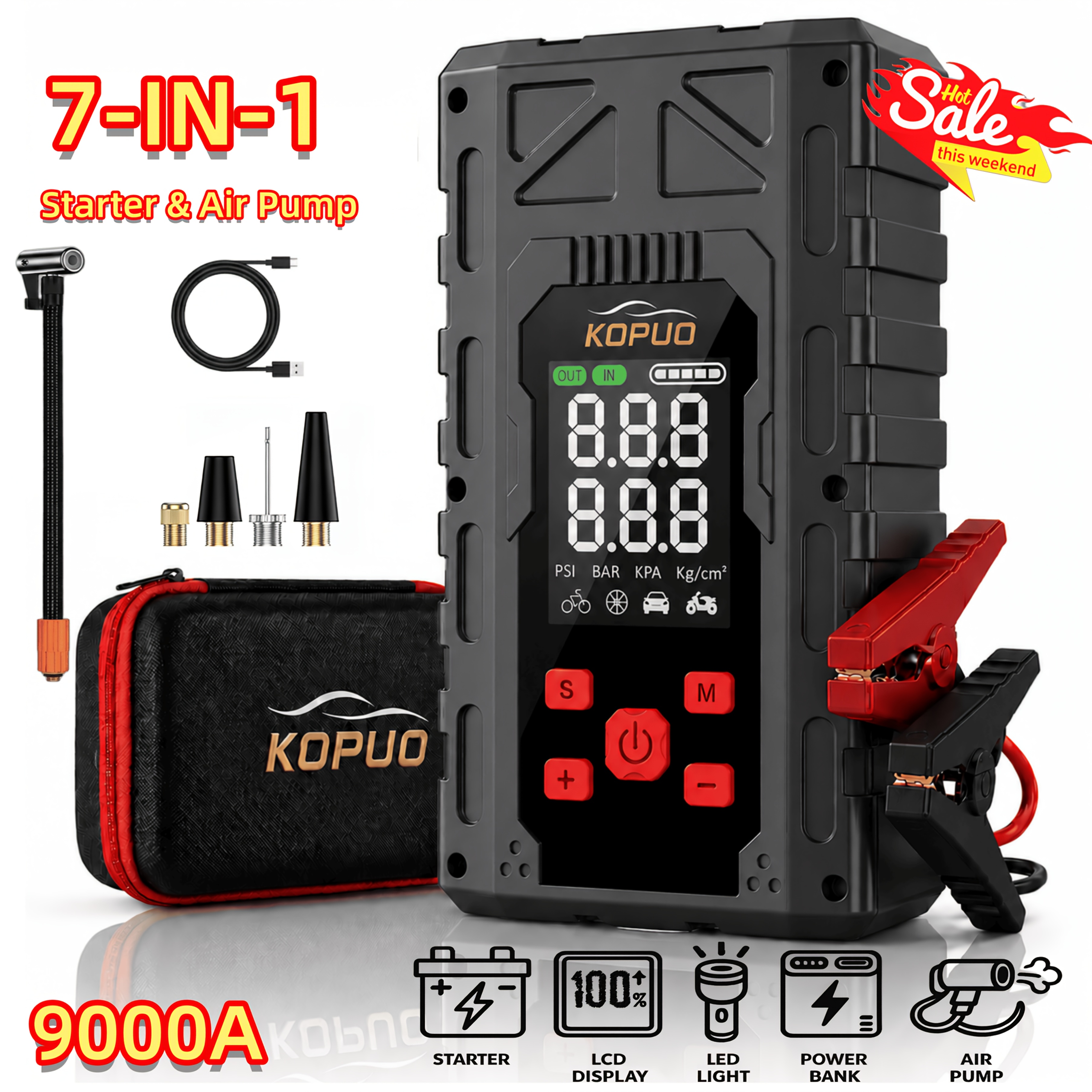 TEMU Kopuo 150psi Tire Inflator Optional 7000a Starter Optional 8000/9000a Jump Starter With Air Compressor, Portable Battery Jump Starter For Car,