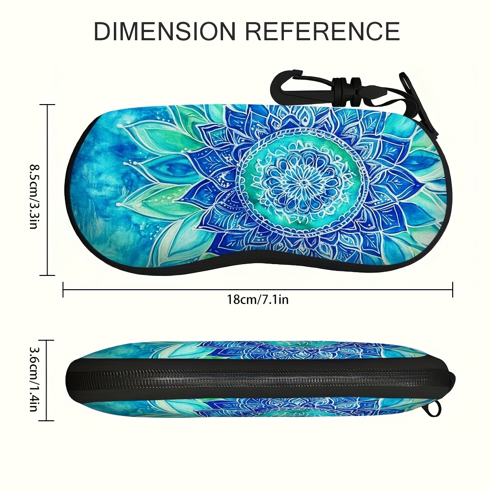 TEMU Étui de protection pour lunettes avec motif mandala bleu vibrant, fermeture à glissière, clip et résistante aux - Matériau durable pour un