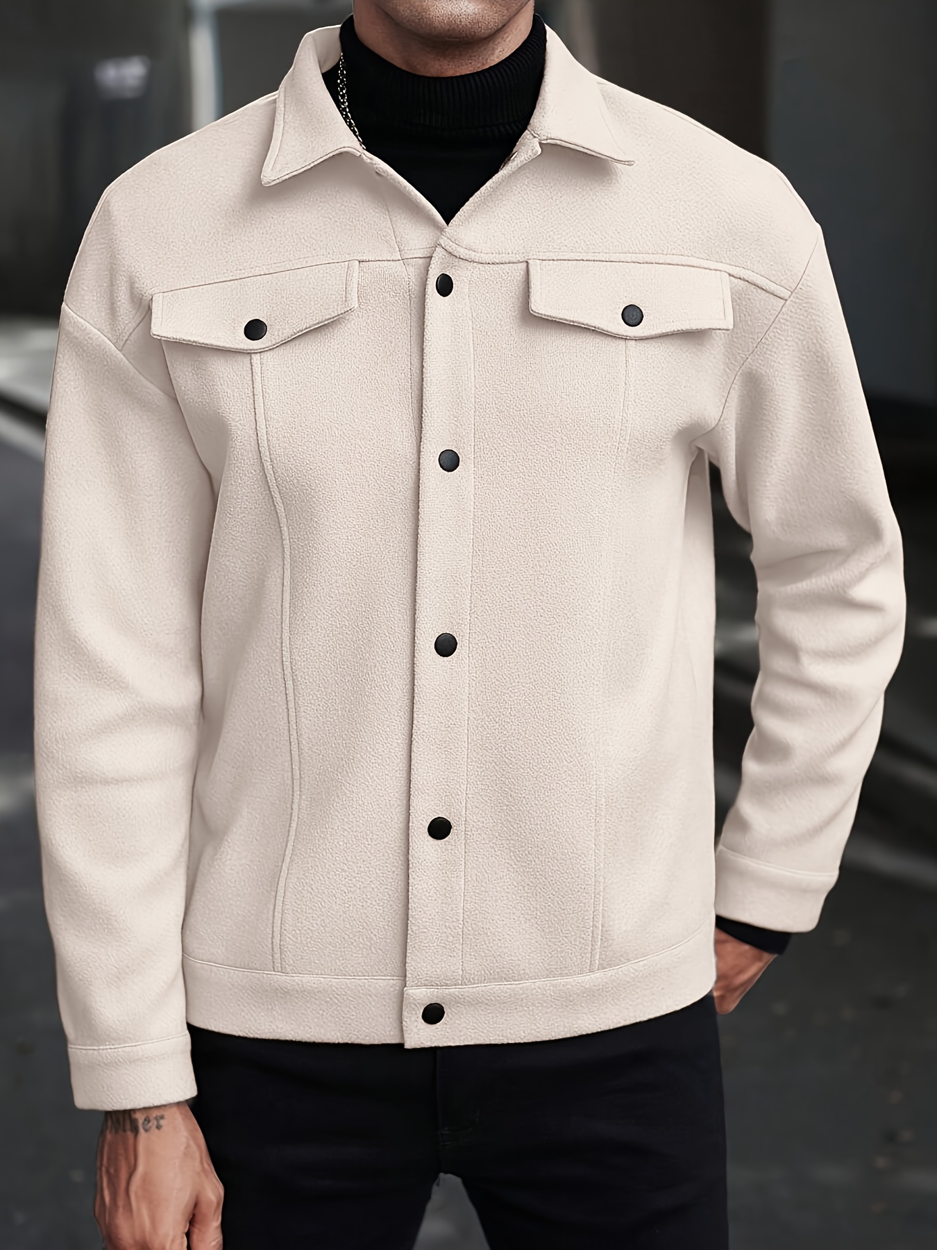 1pc Men s Heavy-Duty Long Sleeve Jacket - Formal-to-Casual Button-Front Workwear Coat with Multiple Utility Pockets, Black - Breathable & Warm Polyester for,   Riding, Business -   Outerwear (Fall/Winter Essential) -   Closet Staple