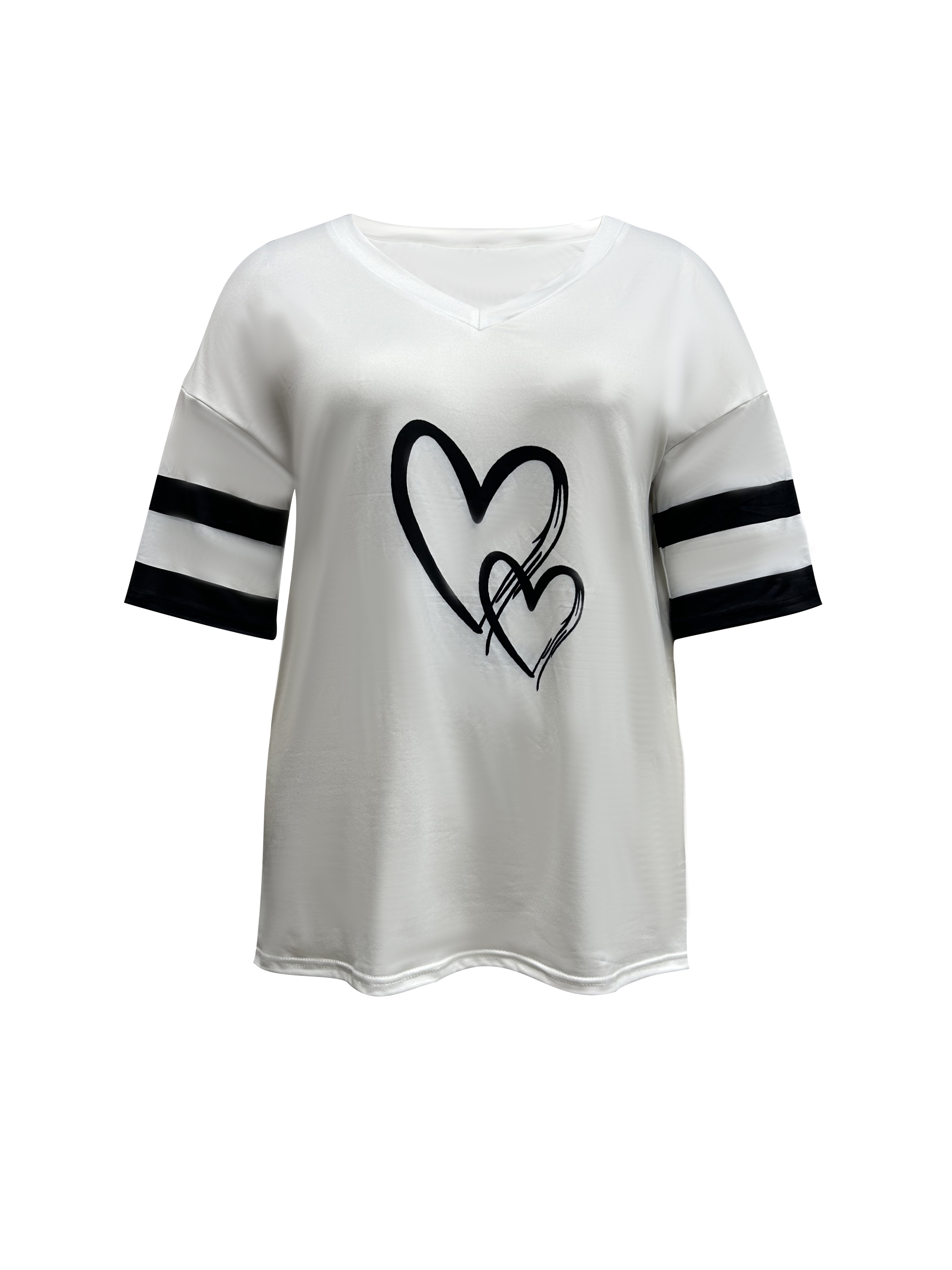 Women's Casual V-Neck Short Sleeve T-Shirt - Royal Blue with White Heart Print, Breathable Fabric, Machine Washable for Spring Summer Fall, Seasonal Fashion, Striped Detailing, Relaxed Fit Shirt