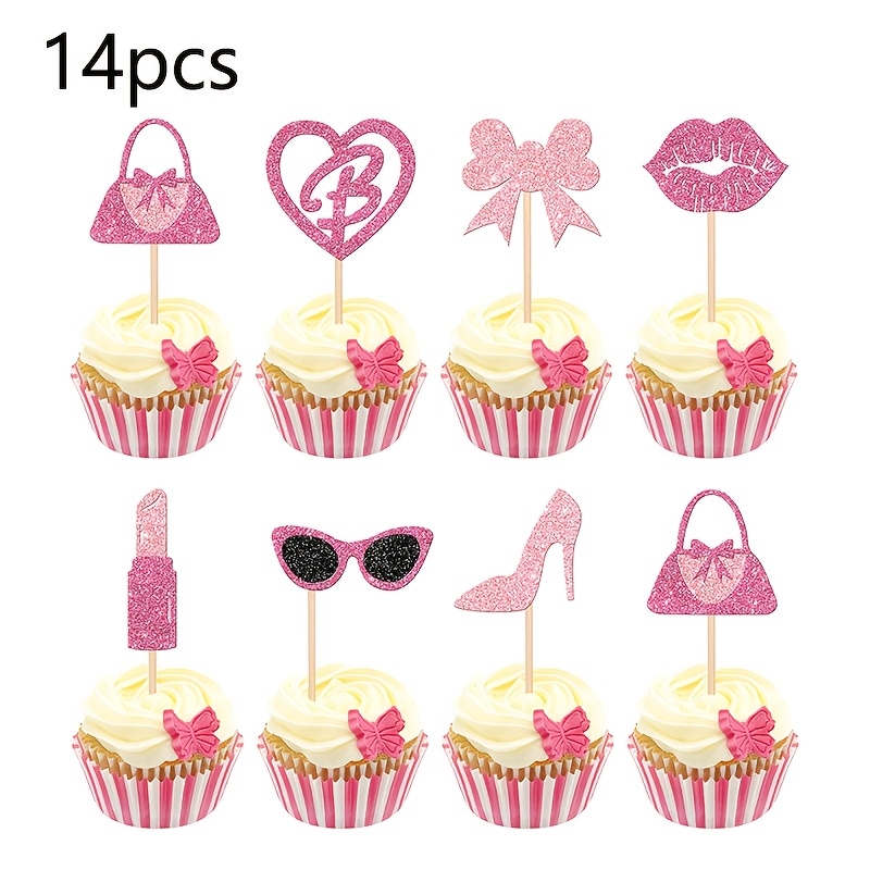 Image of 14pcs Princess Cake Decorations - Glittery Pink Handbag, Glasses, Bow Tie, Lipstick, And High Heels - Suitable For Wedding, Bridal Shower, And Birthday Party Decorations