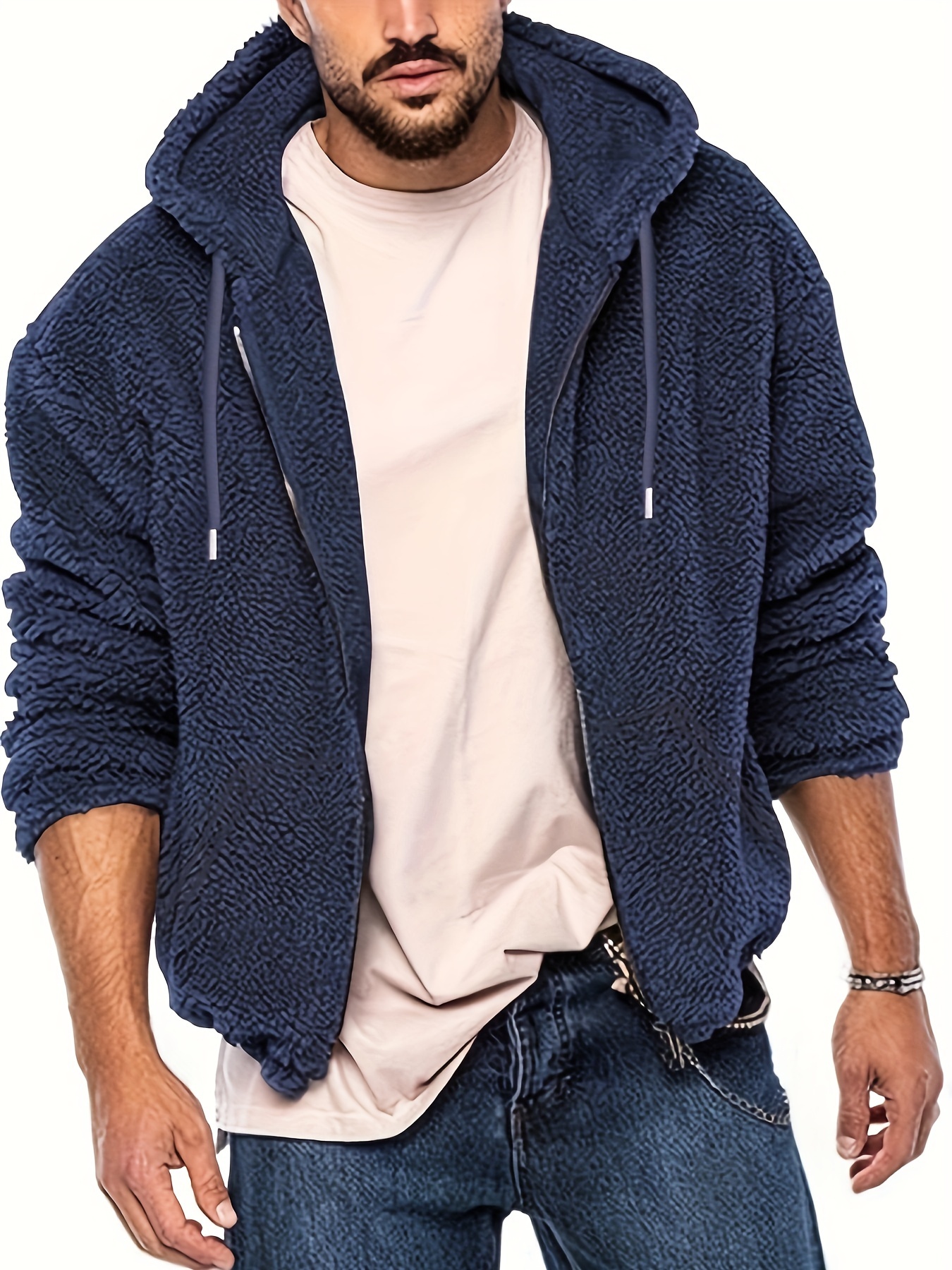 mens solid color hooded plush jacket casual stylish coat winter and autumn warm outdoor sports clothes navy blue 0