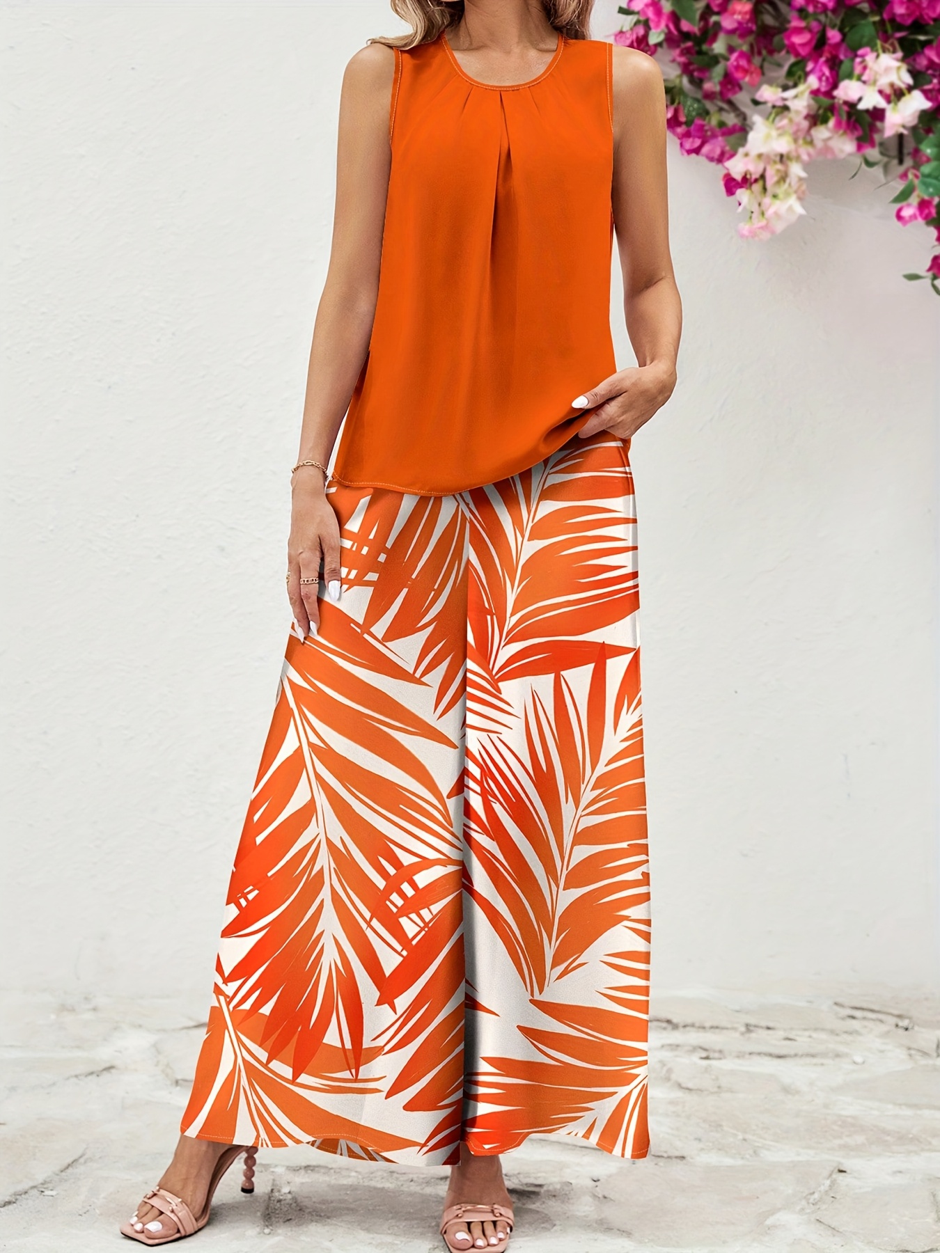 2pcs womens orange print vacation outfit suitable for summer womens   outfit womens elegant vacation outfit womens beach vacation outfit womens   outfit womens island vacation outfit details 3