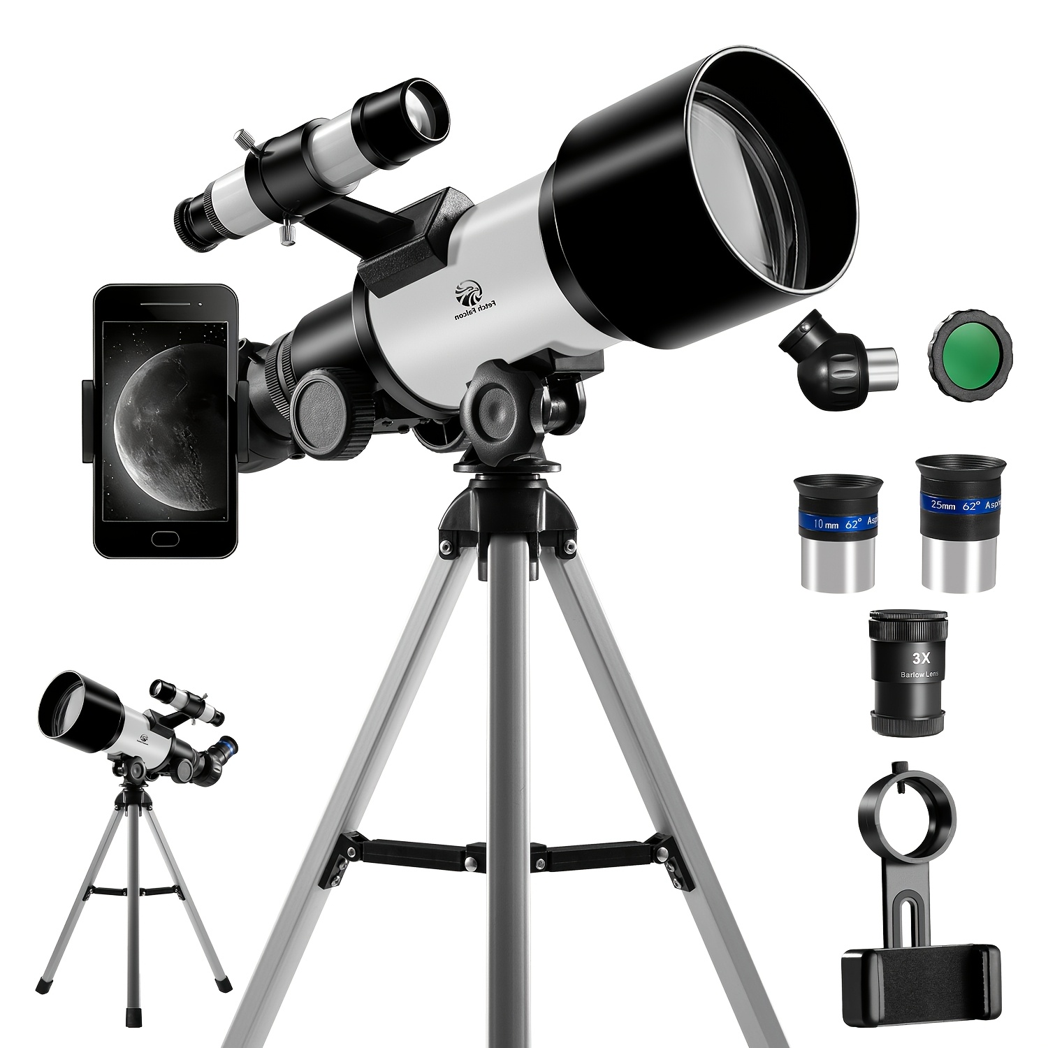 HD 70mm Astronomski Teleskop | 300 MM Dolžina Optične Cevke, 90-180 X Povečava, Prenosni Aluminijasti s Stojalom & Adapterjem za Telefon, Ročno