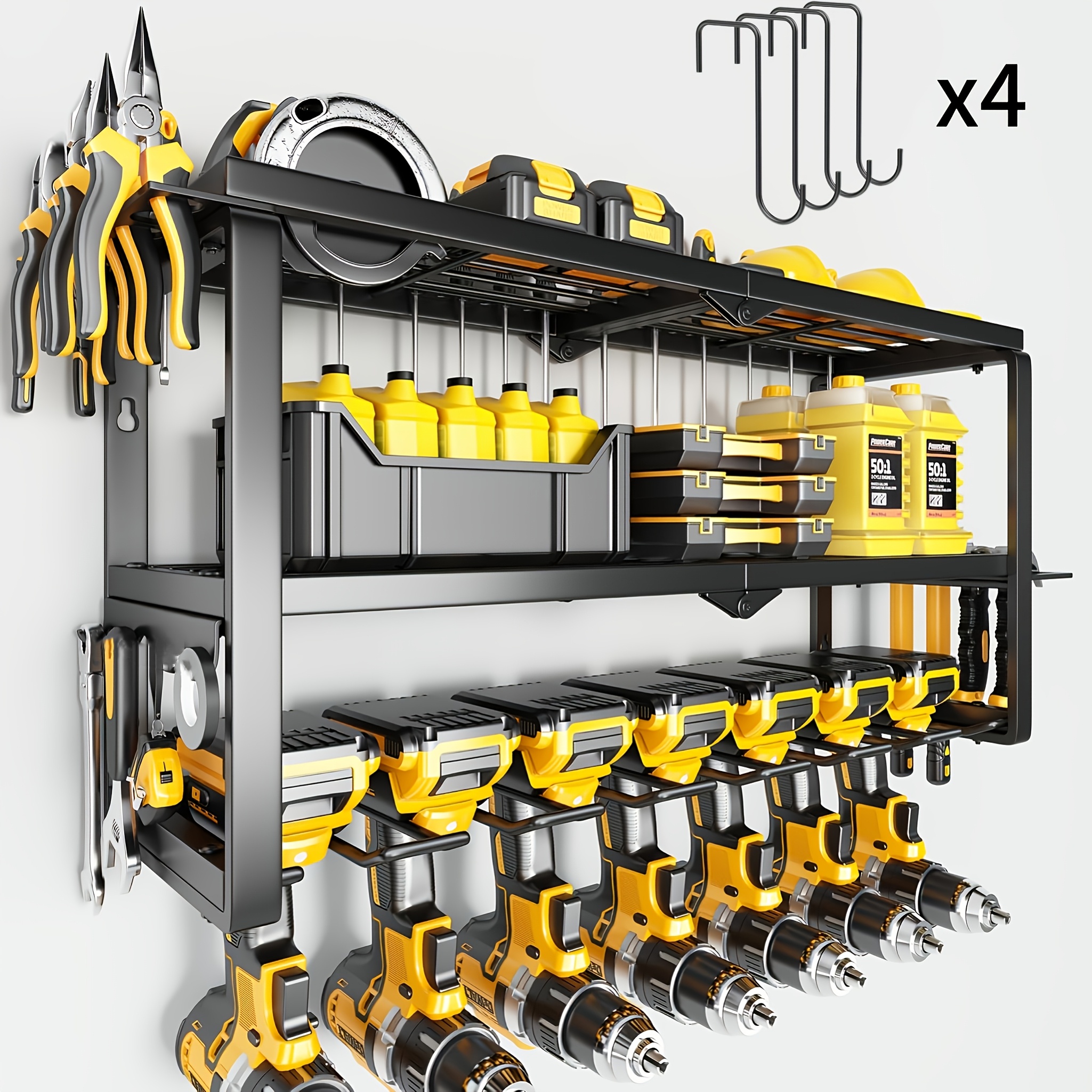 TEMU 2026 Electric Tool Storage Rack, Wall-mounted - 300 Lbs Capacity, 3-tier Storage Rack With 7 Drill Holders, For Cordless Tools. Heavy-duty Iron