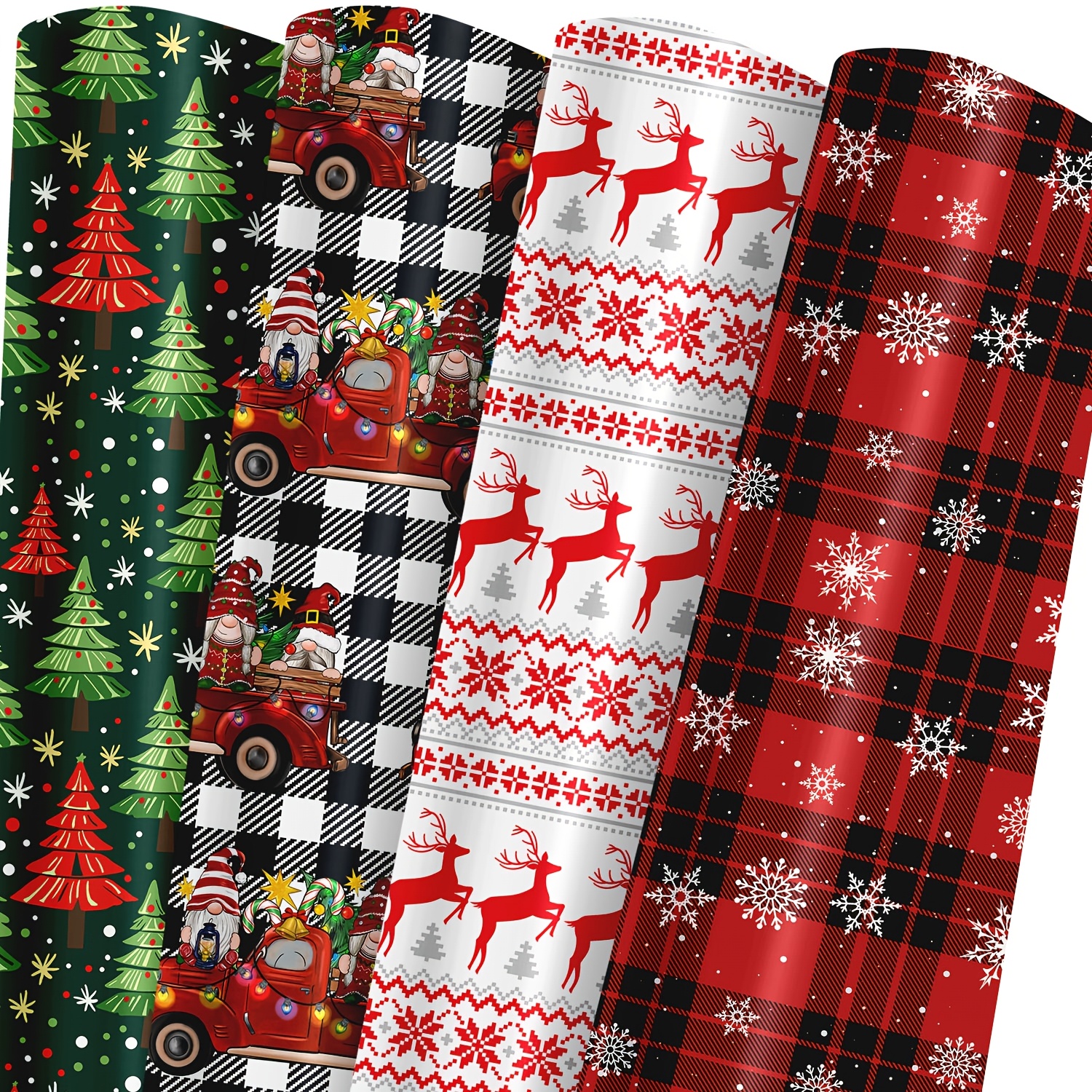 TEMU 4 Fogli di Carta da Regalo Natalizia - Carta da Imballaggio Festiva e a Quadri con Camion, e a Quadri con , Alberi di Natale , Design con per