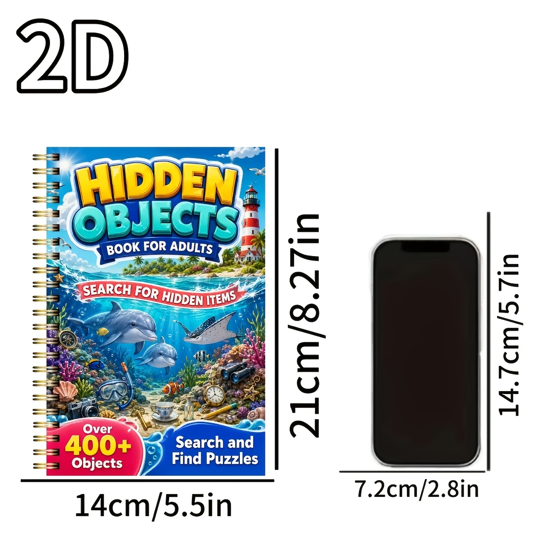 TEMU Mindfulness Art Coloring + Hidden Object Puzzle 2-in-1 Activity Book, A5 Spiral Bound, Suitable For The Elderly, Brain Training And Relax Gift