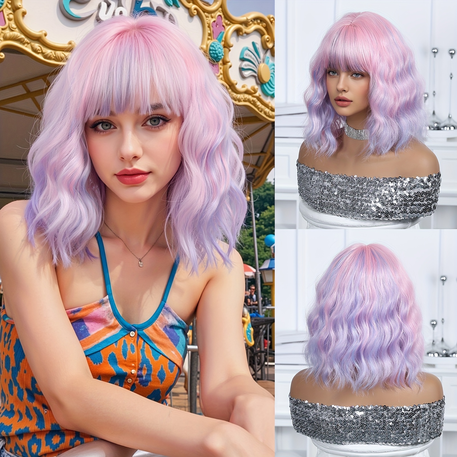 Image of Pink-purple Gradient Bob Wig - Stylish Blunt Bangs, Sweet Waves, Perfect For Parties, Dates, Travel, The Beach, Cosplay, And Everyday Casual Wear