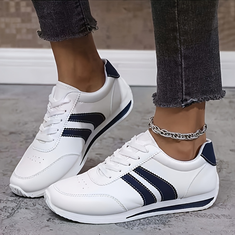 Women'S Casual Sneakers, Lightweight White Synthetic Upper with Navy Blue/Green Stripe Accents, EVA Sole Lace-Up Low-Top Design, All-Season Wear, for Daily Use, Outdoor Sports, Parties, Fitness, Beach Activities, Vacations & Holiday Gifts