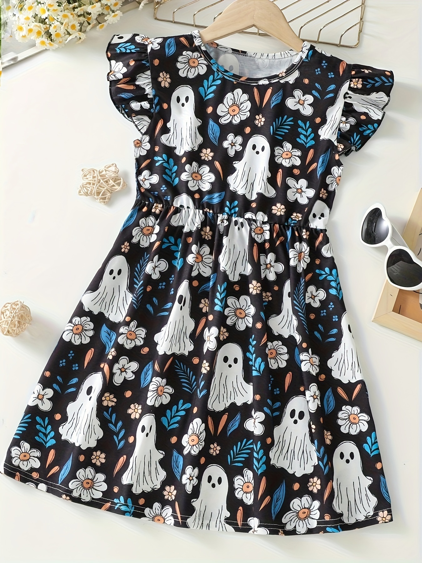 flare ghost print dress casual knee high frill - Temu Mexico