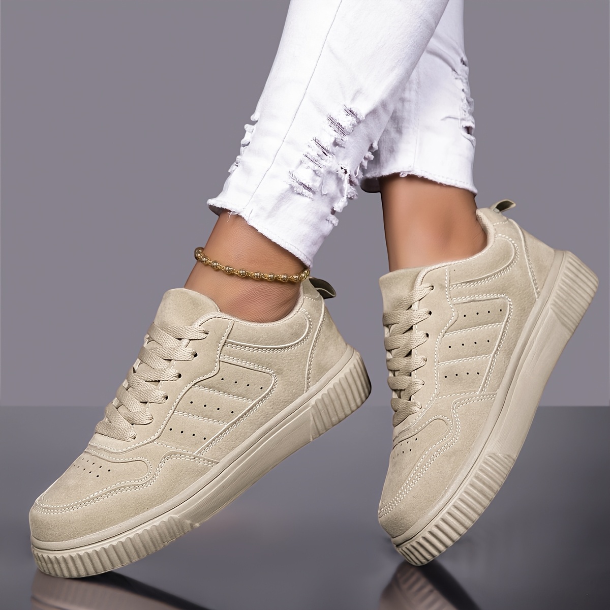 TEMU 2026 New Women's Khaki Sneakers, , Lightweight Breathable Running Shoes, 2-color Lightweight Sneakers, With Popcorn Sole For , Women's Sneaker