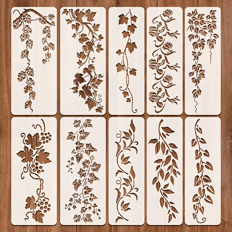 TEMU Ensemble de 10 pochoirs de bordure de , de feuilles pour peinture murale, pochoirs de graffiti floraux réutilisables, kit d'art mural décoratif