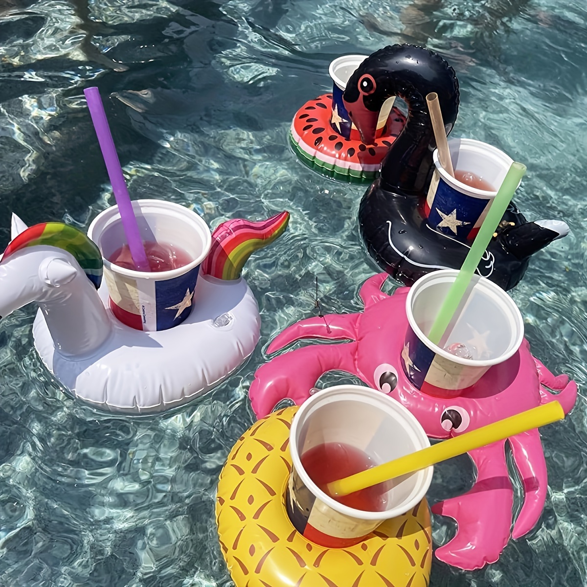 4-Pack Inflatable Drink Holders, Flamingo, Black Swan, Palm Tree, Donut  Floats PVC Cup Coasters for Pool Parties, Festive Celebrations,  Uncharged,