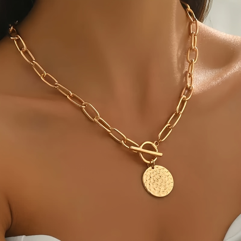 TEMU 1pc Collier avec pendentif rond géométrique à chaîne individuelle de facile, rétro élégant, convient aux femmes pour les fêtes quotidiennes ou