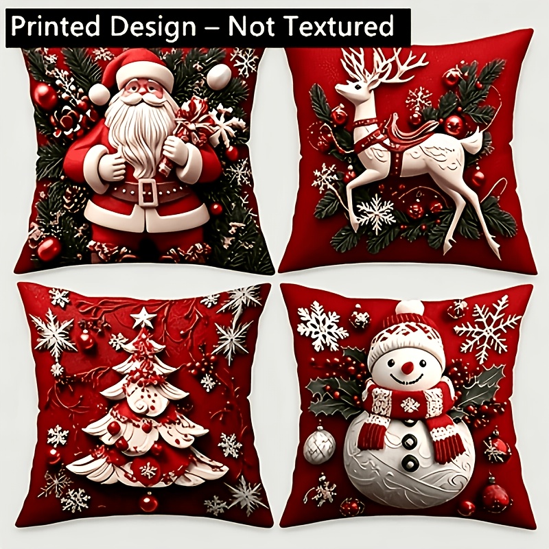 TEMU Diseño Estampado - Sin , Impresión , 4 Fundas de Almohada Navideñas de , , Cierre de Cremallera, Sin Relleno, Fundas Festivas para Cojines de