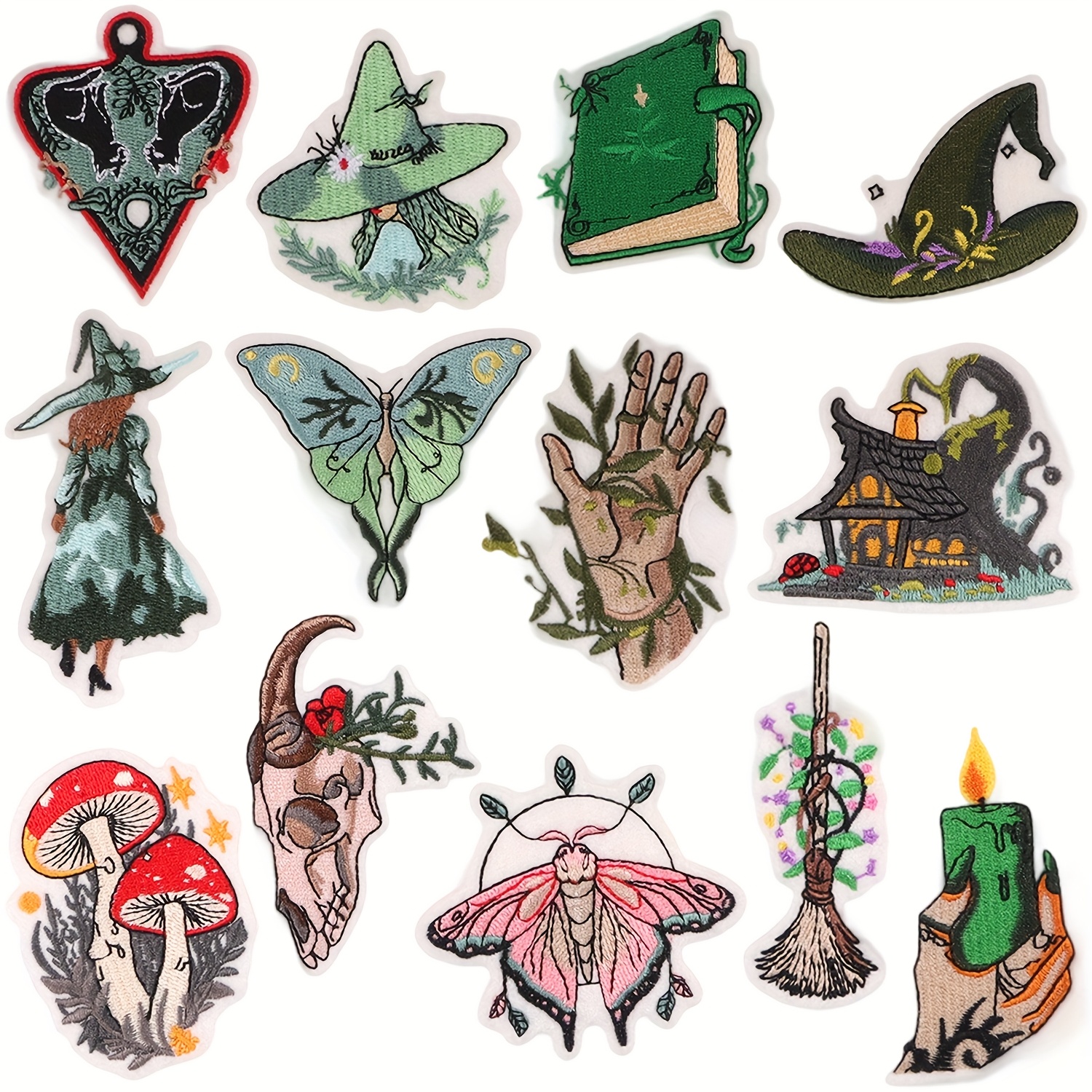E-shop 14-teiliges Gothic-Fantasy-Bügelflicken-Set – Dunkle Hexe, Pilz & -Motive für DIY-Kleidung, Halloween-Kostüme, Bekleidung – Langlebige