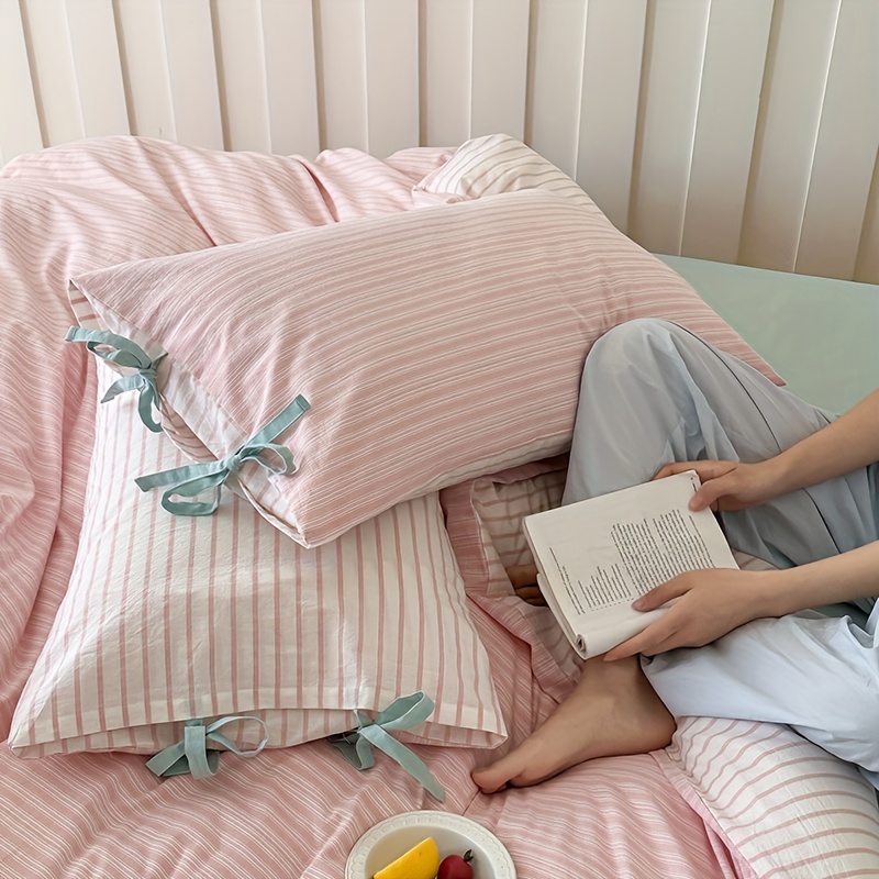 2pcs, Korean Style Bowknot Full Cotton Pillowcase Pair, Standard Size A, Light Beige-friendly , Striped With Bow Decoration, Suitable For Living Room Bedroom Dormitory, Machine Washable