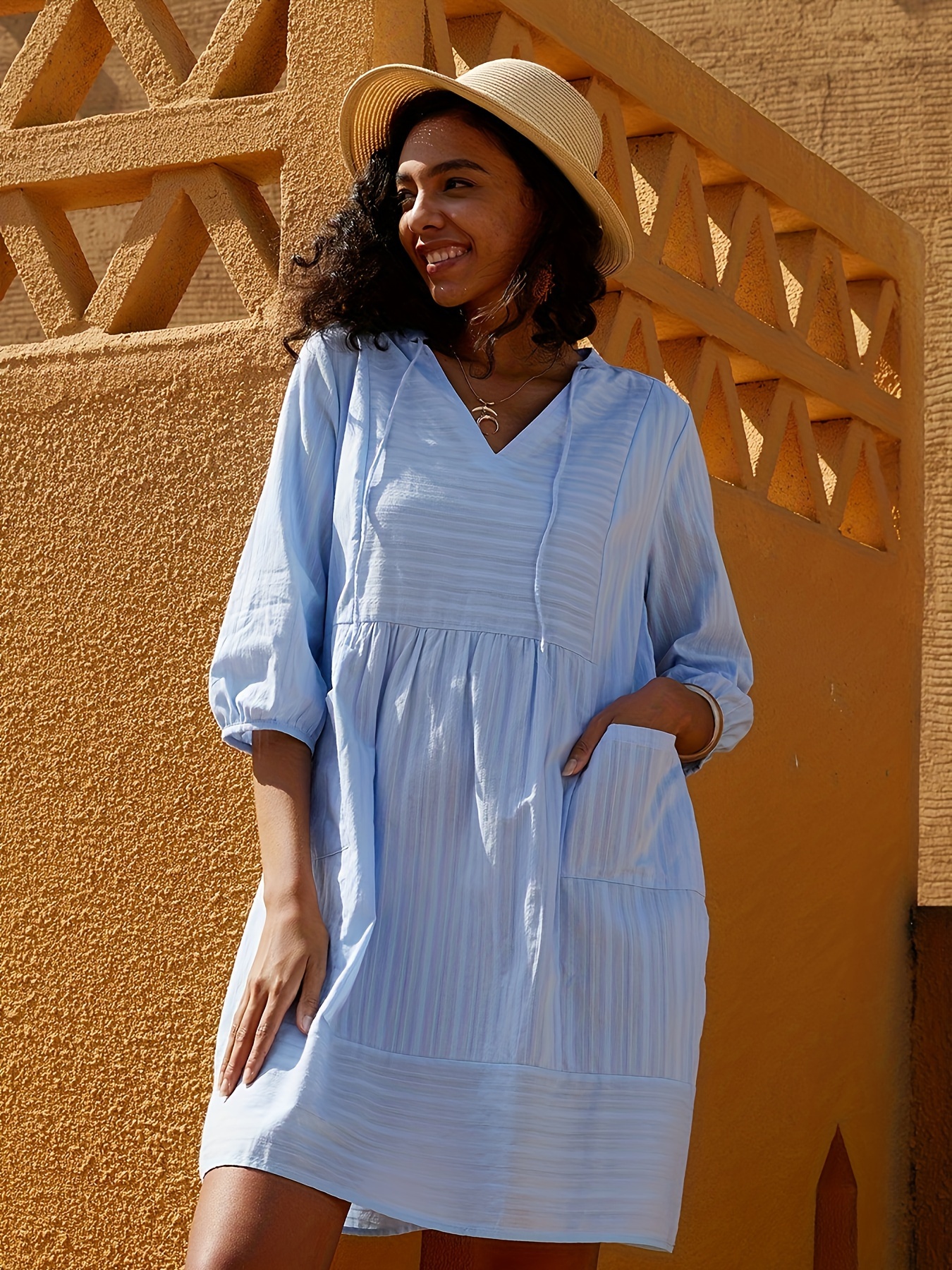 Women's V-Neck 3/4 Sleeve Shift Dress - Loose Fit Flowy Tunic Dress With  Pockets, Solid Color For Casual Or Vacation
