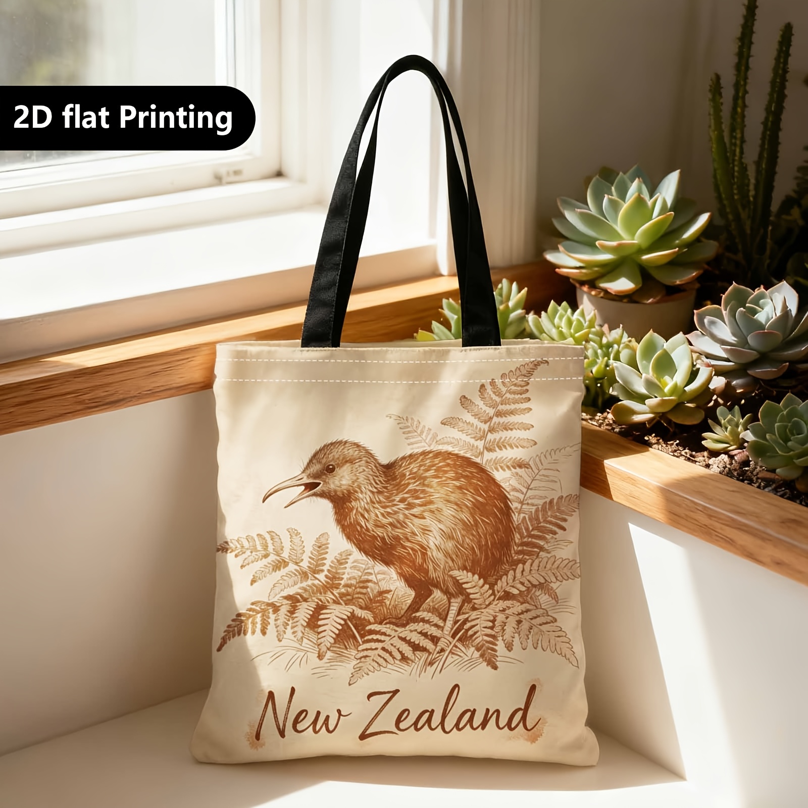 TEMU Shopper Bag,shopping Portable Shoulder Back Hand-held Bag,2d Double-sided Ing,kiwi Bird, Ferns, New Zealand,suitable For Travel, Cosmetics,