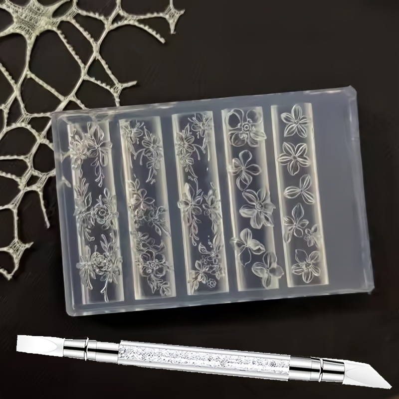 TEMU 1 molde de decoración de uñas de flores, juego de moldes de uñas de hojas de flores con 1 bolígrafo de silicona