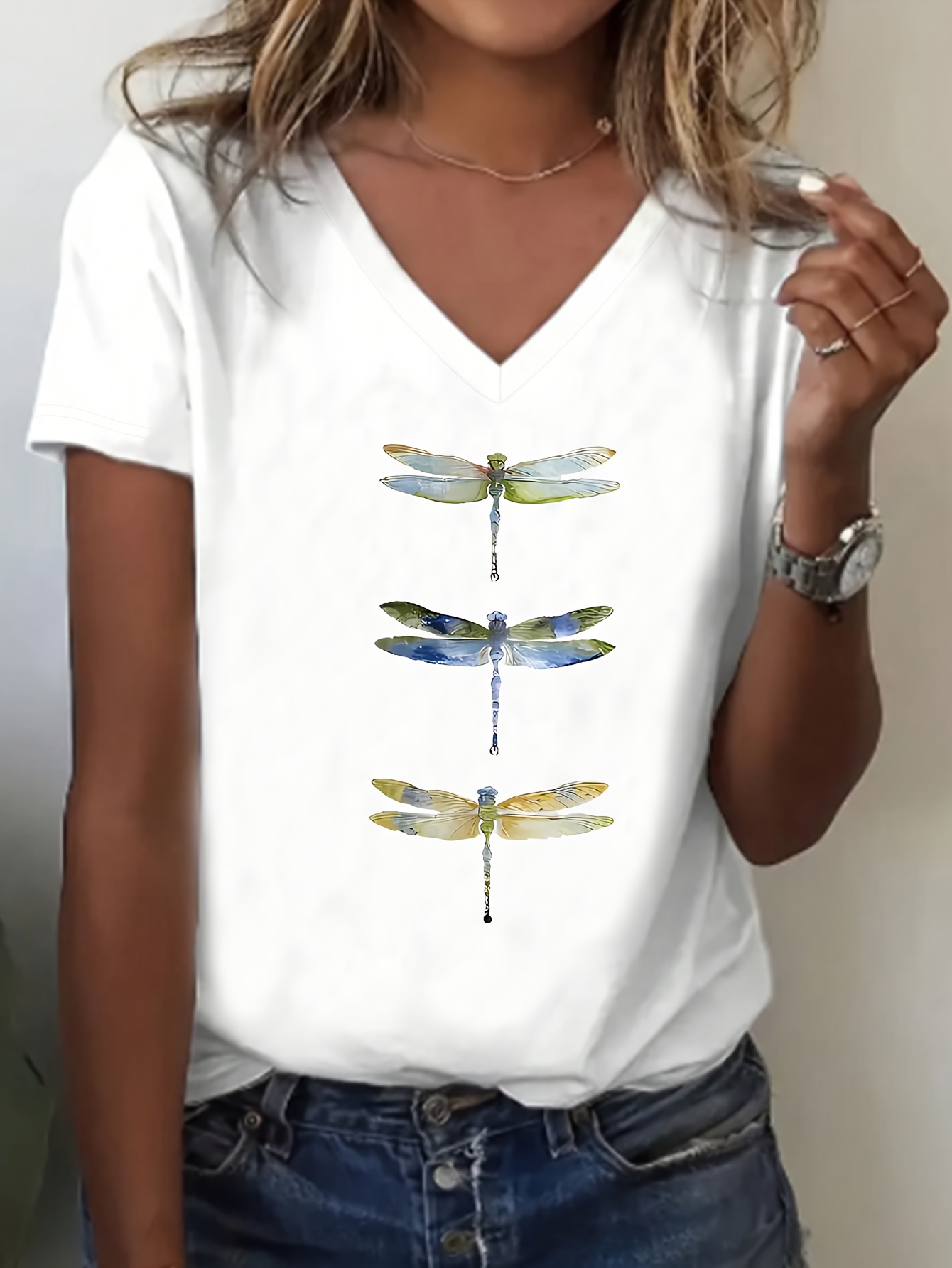dragonfly pattern print v neck t shirt womens casual short sleeve   polyester fiber suitable for   and outdoor activities   summer autumn womens clothing white 0